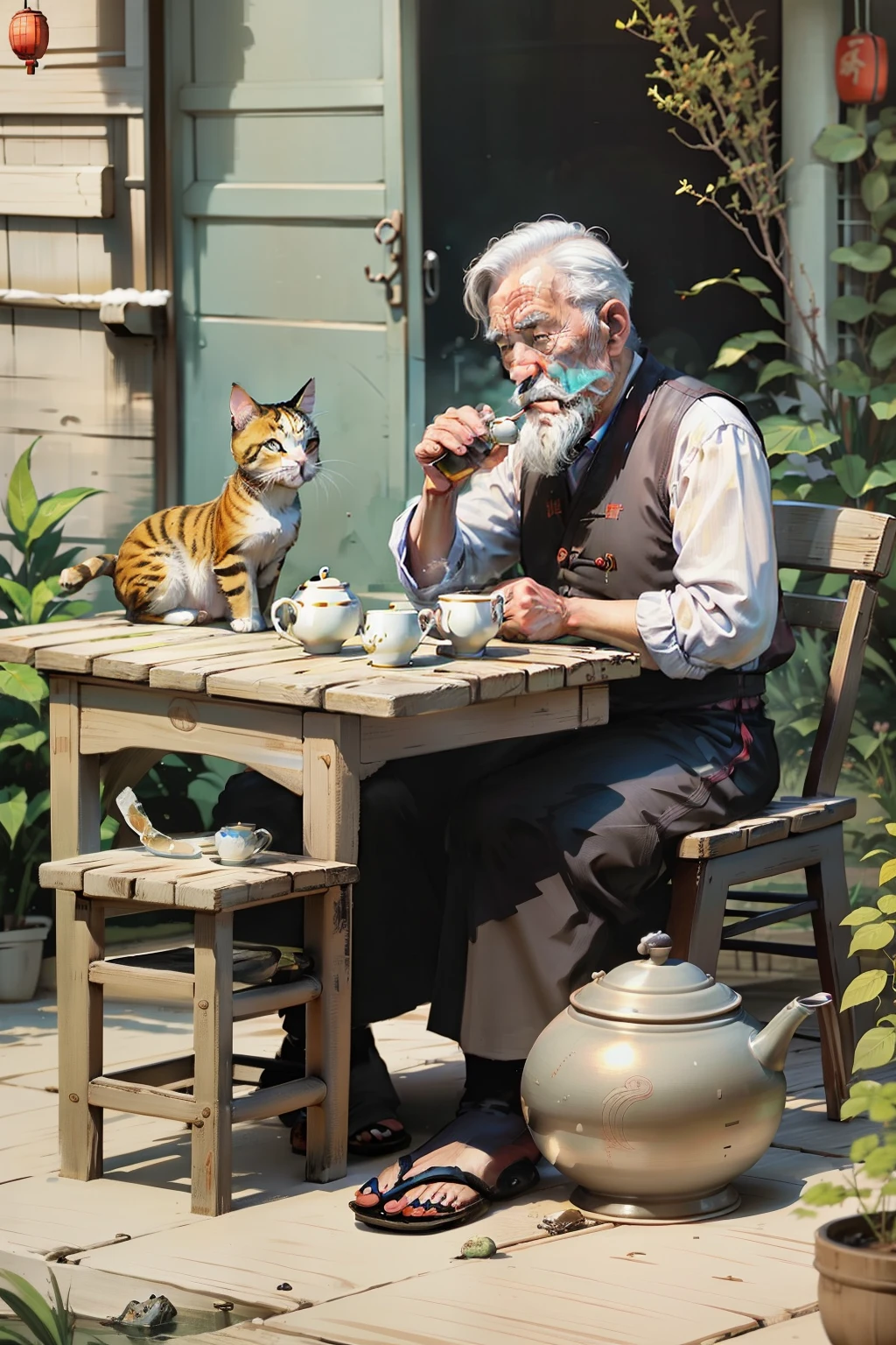 The old man drinks tea to cool off,The cat sleeps at the feet,Filial piety to the elderly,One guy,Pufan,Chairs,teapot,laid back,夏天,solid color backdrop,chineseidol,Rustic character