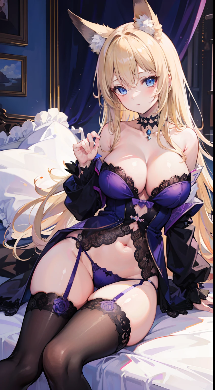 High quality, masterpiece, ultra-detailed, black stockings, purple lingerie, purple panties, choker, headress, 1girl, solo, peaceful expression, long blonde hair, enchanting blue eyes, fox ears, big breasts, bedroom