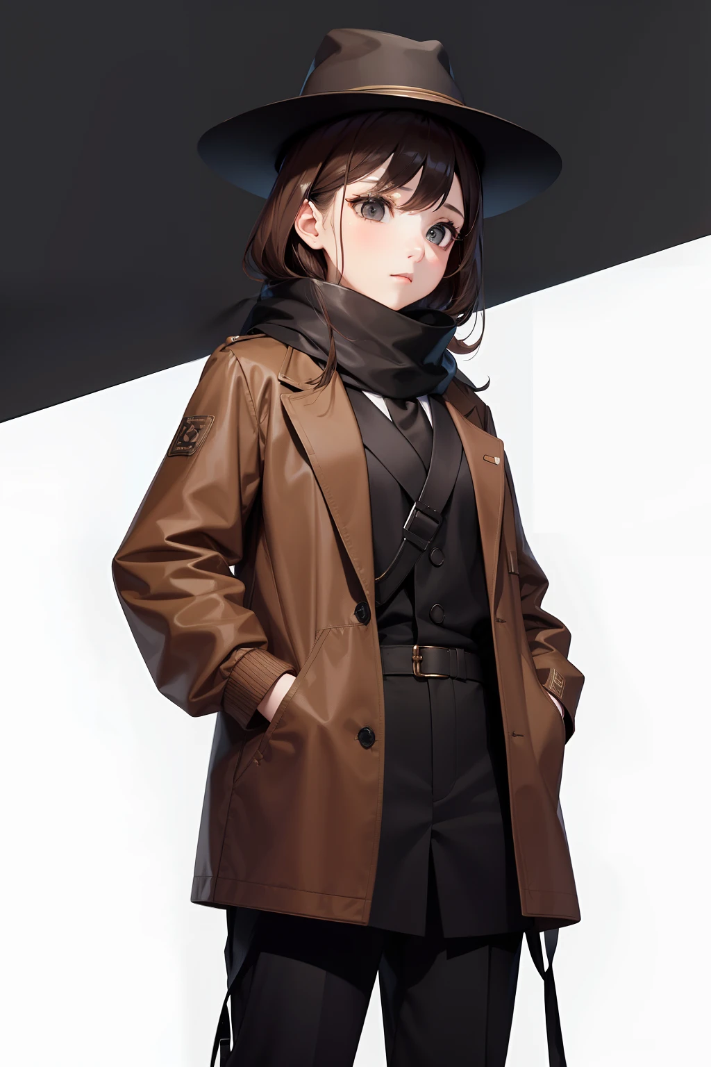 a young girl wearing a brown jacket and black pants and a black hat and scarf with a white background, Byeon Sang-byeok, tech wear, a stock photo, neoism