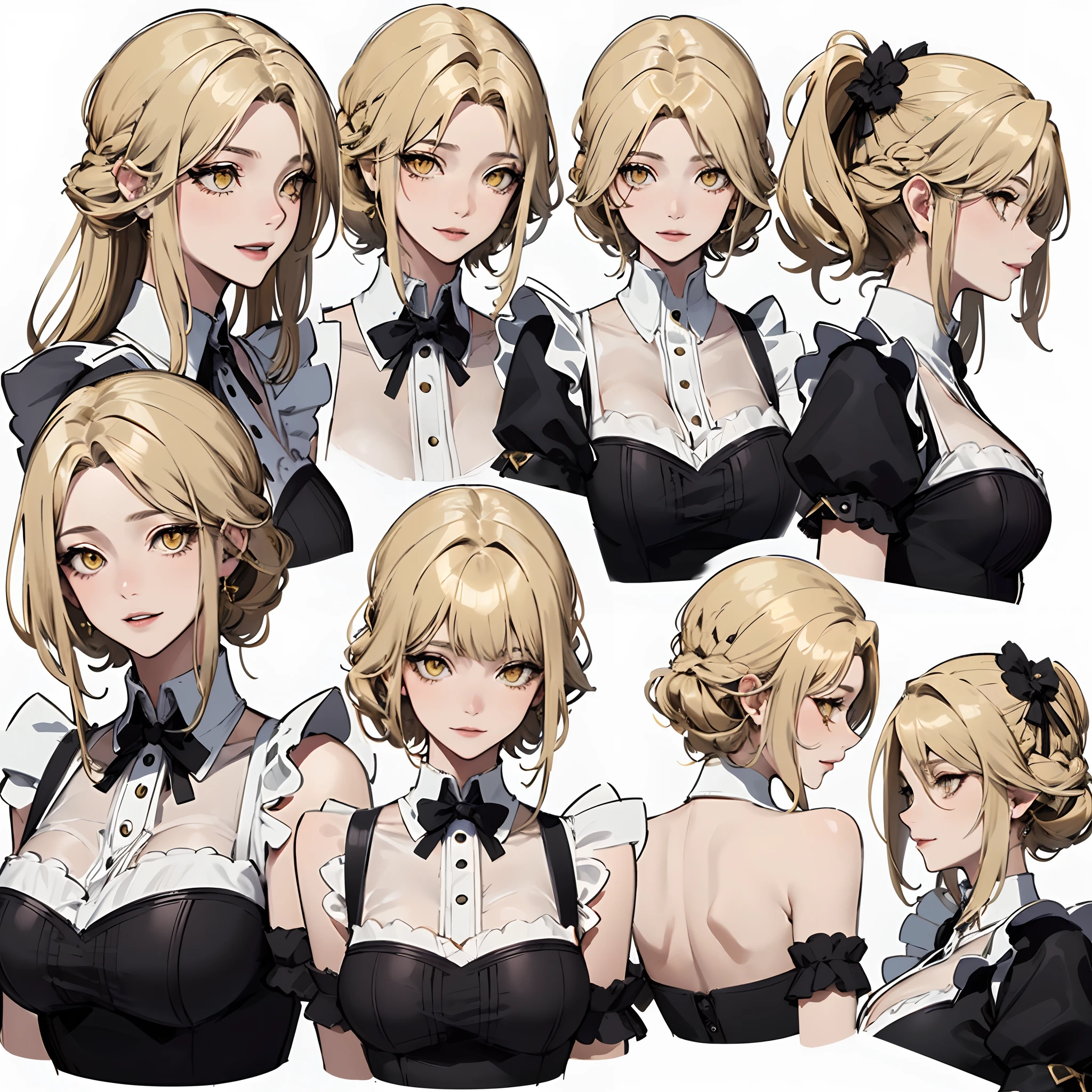 (masterpiece, 8k, best quality, highly detailed, 1 mature female), (consistent character, same character), (blonde hair, yellow eyes), (Highly detailed face and skin texture, detailed eyes), evil smile, large breasts, solo, (Maid), white background, Bare shoulders, Seductive smile, (multiple view, multiple angle), side view, front view, look up, look down, back view, 20 degree head view