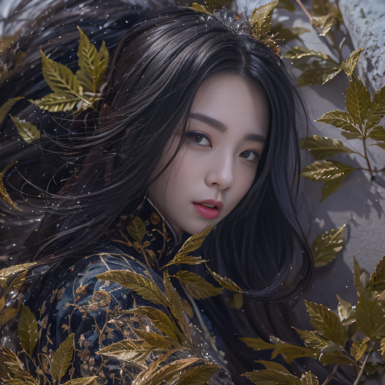 32K(tmasterpiece,k hd,hyper HD,32K)Long flowing black hair,ponds,zydink, a color, Xuzhou people (Seduce girls), (Red scarf in the snow), Jumping up pose, looking at the ground, long whitr hair, Floating hair, Carp pattern headdress, Chinese long-sleeved silver battle robe, (Abstract gouache splash:1.2), Pink petal background,Pork belly flying(realisticlying:1.4),Black color hair,Fallen leaves flutter,The background is pure, A high resolution, the detail, RAW photogr, Sharp Re, Nikon D850 Film Stock Photo by Jefferies Lee 4 Kodak Portra 400 Camera F1.6 shots, Rich colors, ultra-realistic vivid textures, Dramatic lighting, Unreal Engine Art Station Trend, cinestir 800,Long flowing black hair,Transparent robe clothing
