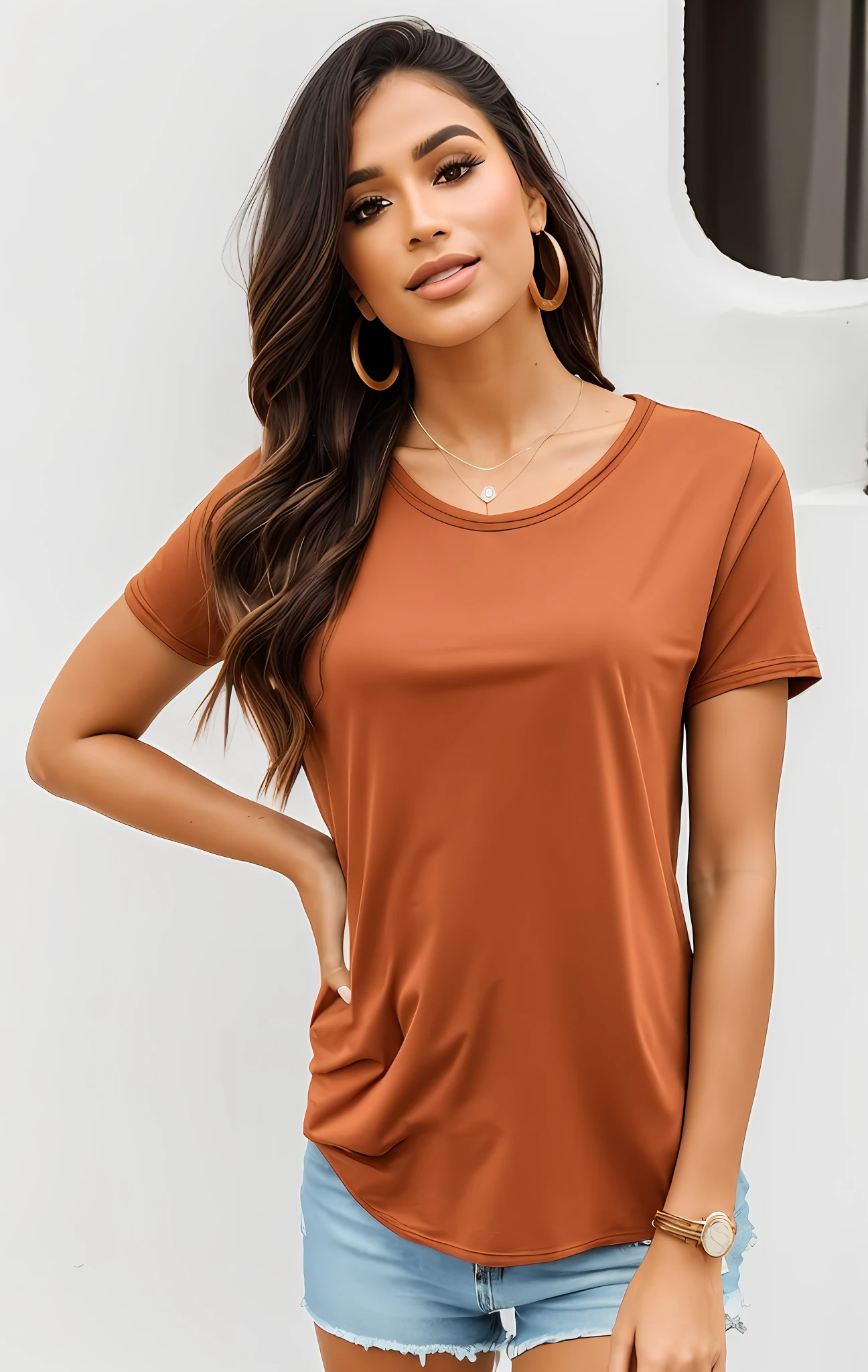 uma mulher latina linda usando um top marrom e shorts jeans posando para uma foto, camisa marrom, Loose - blusas justas, vestindo uma camiseta laranja, vestindo uma camiseta laranja, mangas curtas, roupas casuais modernas, roupas casuais, usando um top bonito, roupas casuais modernas, avermelhado - marrom, pele bronzeada uma camiseta e shorts, top bonito, roupas marrons