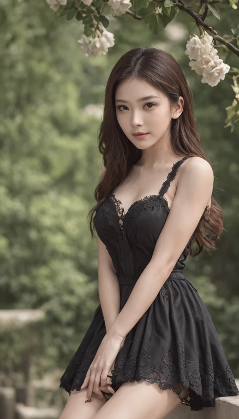 best qualtiy，tmasterpiece，超高分辨率，（真实感：1.4），RAW photogr，cold light，1girll，(Full body photo close-up，In the gazebo，standing on your feet，erect through), Nice face，(slim，dignified，shyexpression，Head slightly bowed)，ssmile，cabelos preto e longos，hair adornments，(slender leg，Cross ed leg), (Light yellow suspenders，a black pleated skirt)，(delicate leg，Cross ed leg), Beautiful teenage girl，Beautiful goddess，Detailed scenes, Picturesque, Beautiful teenage girl，Beautiful goddess，Detailed scenes, Beautiful digital illustration, the detail，Hyper-detailed, Cinematic quality, (Beauty and aesthetics，big breasts beautiful)，correct hand，anatomy correct, ((from below))