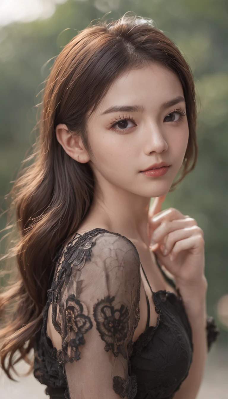((Best quality, 8k, Masterpiece :1.3)), 1girl, smiling, full body, slim face, Pretty woman, (Dark brown hair), full length dress :1.1, Ultra-detailed face, Detailed eyes, Double eyelid, blur background, slim face, city, outside, street,
