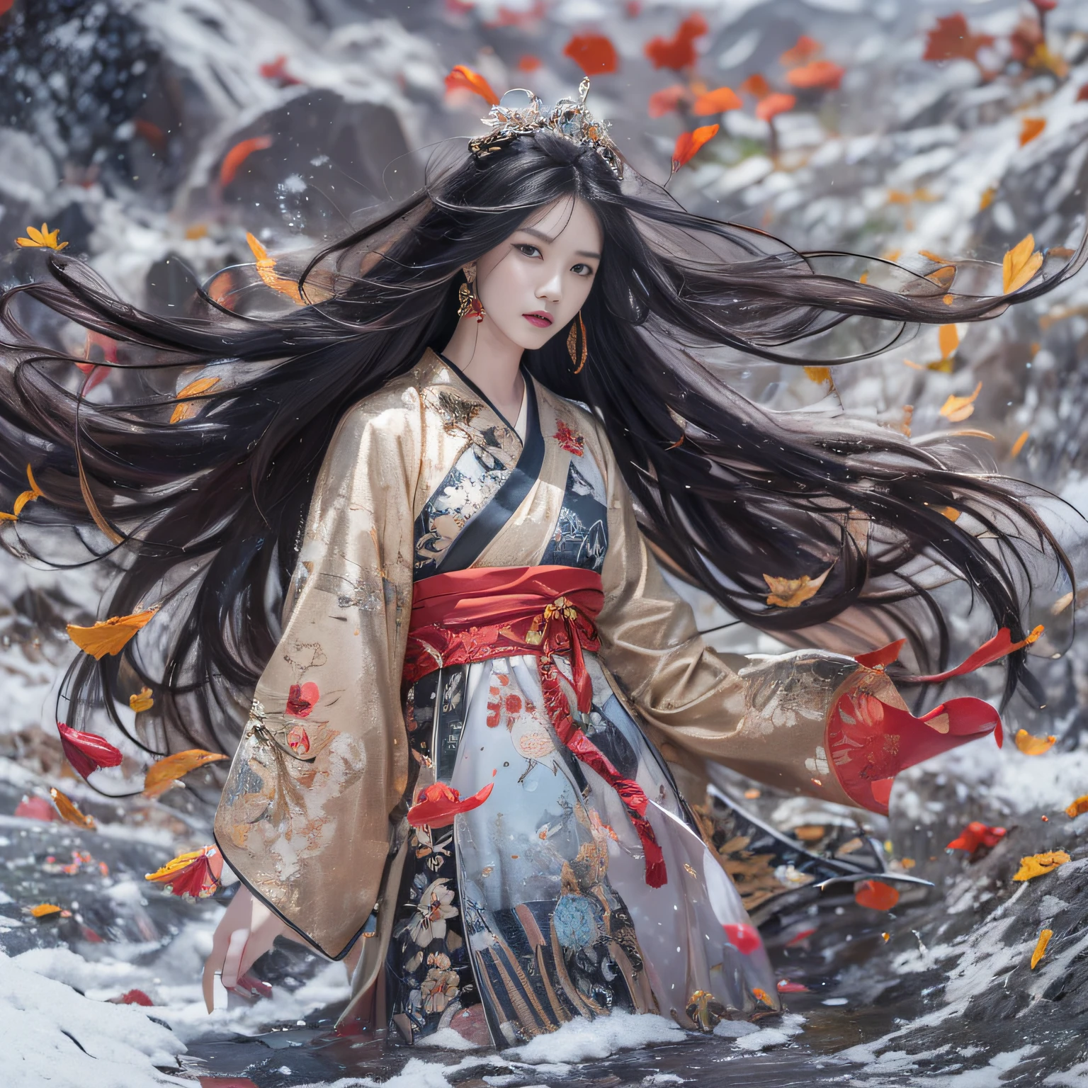 32K（tmasterpiece，k hd，hyper HD，32K）Long flowing black hair，rockery，zydink， a color，  Xuzhou people （Seduce girls）， （Red scarf in the snow）， Jumping up pose， looking at the ground， long whitr hair， Floating hair， Carp pattern headdress， Chinese long-sleeved silver battle robe， （Abstract gouache splash：1.2）， Pink petal background，Tulips flying（realisticlying：1.4），Black color hair，Fallen leaves flutter，The background is pure， A high resolution， the detail， RAW photogr， Sharp Re， Nikon D850 Film Stock Photo by Jefferies Lee 4 Kodak Portra 400 Camera F1.6 shots, Rich colors, ultra-realistic vivid textures, Dramatic lighting, Unreal Engine Art Station Trend, cinestir 800，Long flowing black hair，Transparent robe clothing