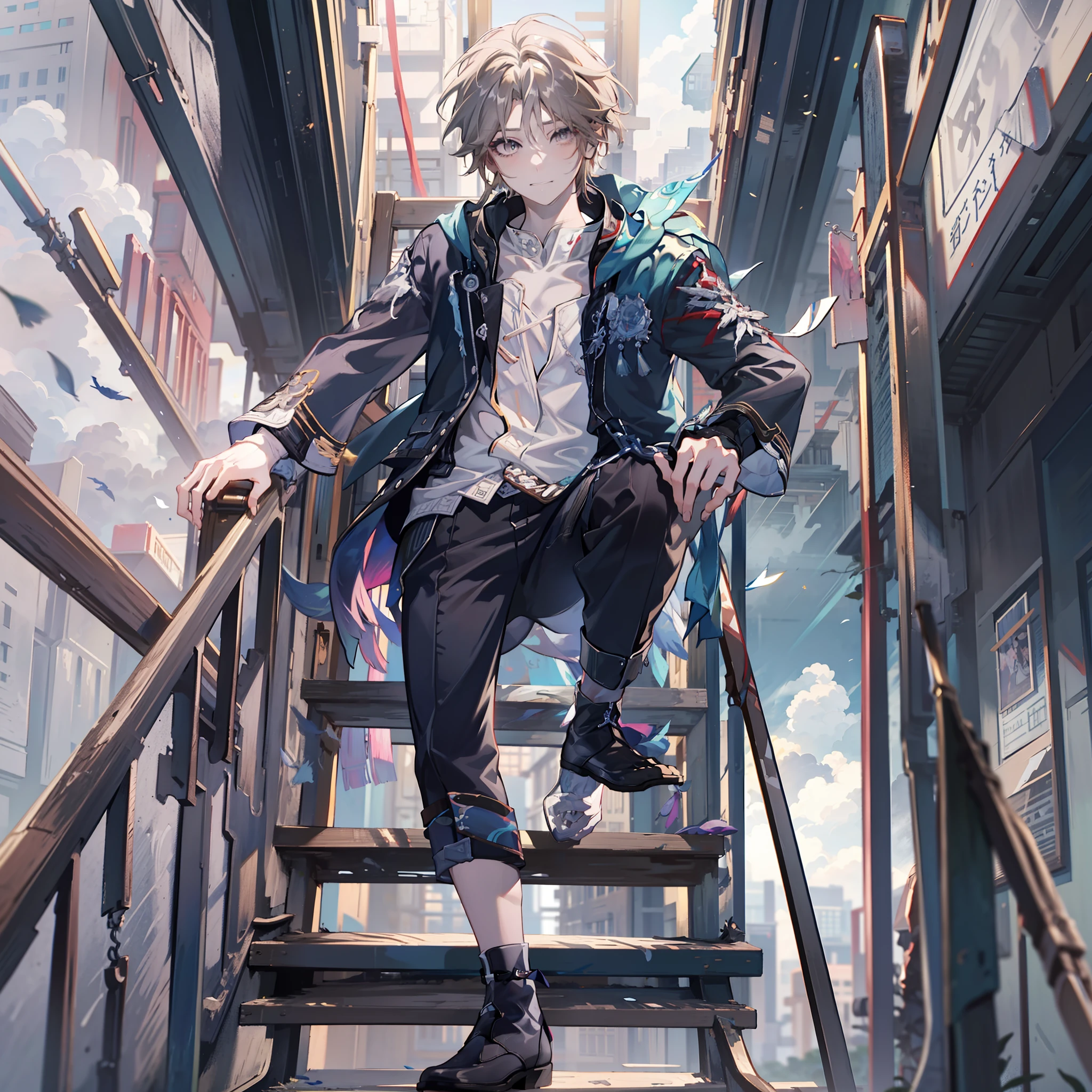 Anime boy standing by the side of the corridor in a black shirt, young anime man, Anime handsome man, Anime portrait of a handsome man, Tall anime guy with blue eyes, Handsome anime pose, Male anime style, Anime boy, style of anime4 K, High Quality Anime Art Style, anime moe art style, Inspired by Bian Shoumin, Anime style portrait, in an anime style,Very handsome,Dissection is correct,Black loose casual wear,Black colored eyes,short detailed hair,Shopping with each other,Red received,and harmonious,clean color,Smudge,Decisive cut,tmasterpiece,ultra-detailliert,Epic composition, high qulity, HighestQuali,(((There are suspended stairs above the sky))), (((Hanging stairs only))), ((((Clouds surround a white suspended staircase))), The suspended staircase is snow-white, There are only hanging stairs in the sky, White feathers, ((((White feathers flutter around the suspended staircase))), ((a paradise))), ((Cloud gap light)), Beautiful Details Sky, Beautiful details cumulonimbus clouds, ((((the Extremely Detailed CG Unity 8K Wallpapers, tmasterpiece, Best quality at best, ultra - detailed))),(best illuminate,best shadow,Extremely refined and beautiful),dynamic angle,floatking,finedetail,(blooms),(shine),glistening stars,feater,naturey,(rays of sunshine),wonderland