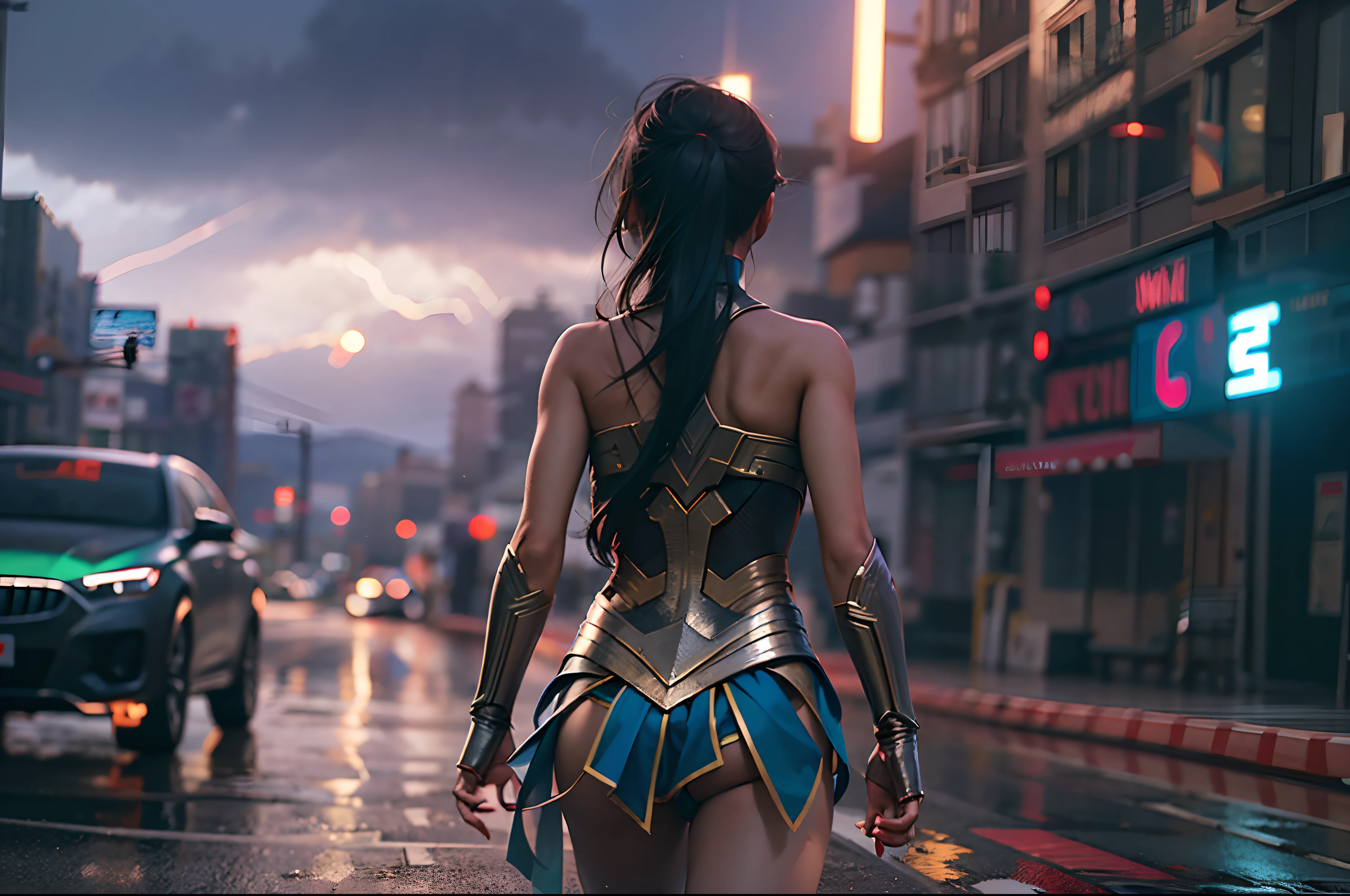 cyberpunk wonder woman, ulzzang model, running, in the background a city, lightning in the sky, ultra details, ultra realistic, cinematic , octane render, 16k