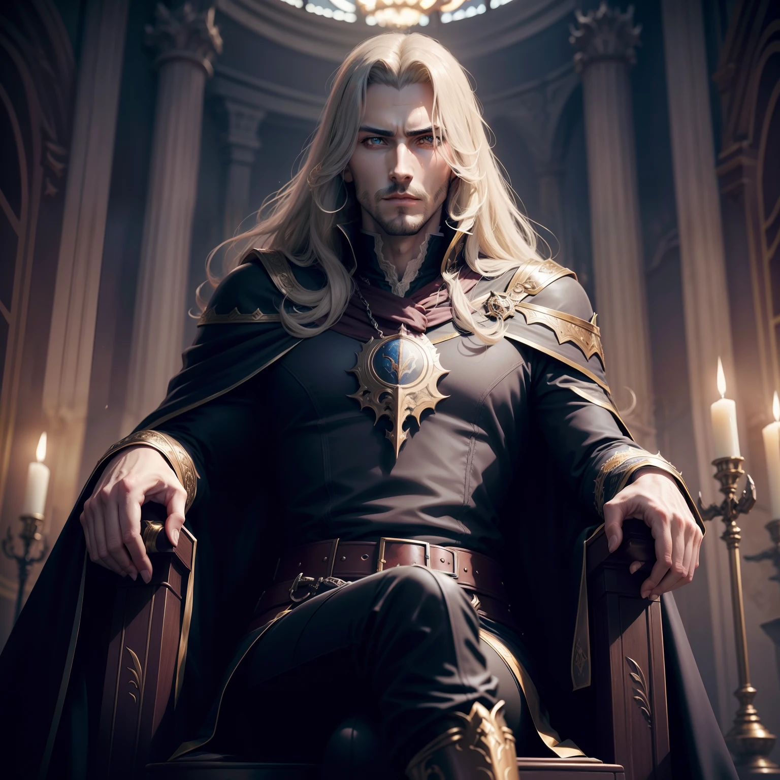 Castlevania Lord of the shadows very handsome man sitting inGreat Legendary throne room Versailles