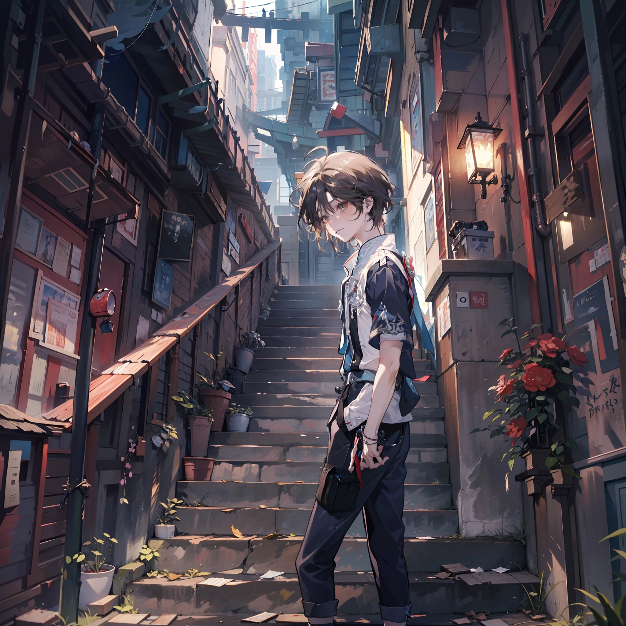 Anime boy standing by the side of the corridor in a black shirt, young anime man, Anime handsome man, Anime portrait of a handsome man, Tall anime guy with blue eyes, Handsome anime pose, Male anime style, Anime boy, style of anime4 K, High Quality Anime Art Style, anime moe art style, Inspired by Bian Shoumin, Anime style portrait, in an anime style，Very handsome，Dissection is correct，Black loose casual wear，Black colored eyes，short detailed hair，Shopping with each other，Red received，and harmonious，clean color，Smudge，Decisive cut，tmasterpiece，ultra-detailliert，Epic composition, high qulity, HighestQuali,（（（There are suspended stairs above the sky）））， （（（Hanging stairs only）））， （（（（Clouds surround a white suspended staircase）））， The suspended staircase is snow-white， There are only hanging stairs in the sky， White feathers， （（（（White feathers flutter around the suspended staircase）））， （（a paradise）））， （（Cloud gap light））， Beautiful Details Sky， Beautiful details cumulonimbus clouds， （（（（the Extremely Detailed CG Unity 8K Wallpapers， tmasterpiece， Best quality at best， ultra - detailed））），（best illuminate，best shadow，Extremely refined and beautiful），dynamic angle，floatking，finedetail，（blooms），（shine），glistening stars，feater，naturey，（rays of sunshine），wonderland