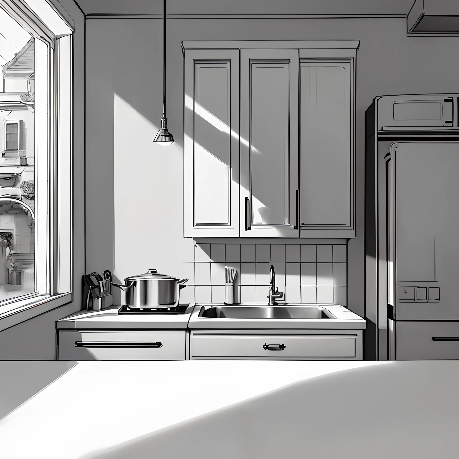 masterpiece、top-quality、High-quality images、8K、 ((unmanned、Background with、Precise perspective、line-drawing、Contour extraction、Monochrome grayscale、Moderate shading、Medium omission)):1.4 ((Narrow kitchen、Kitchen wall、Cookware on the wall、condiment、Speciality、Since a while ago、typical、unmanned)):1.5