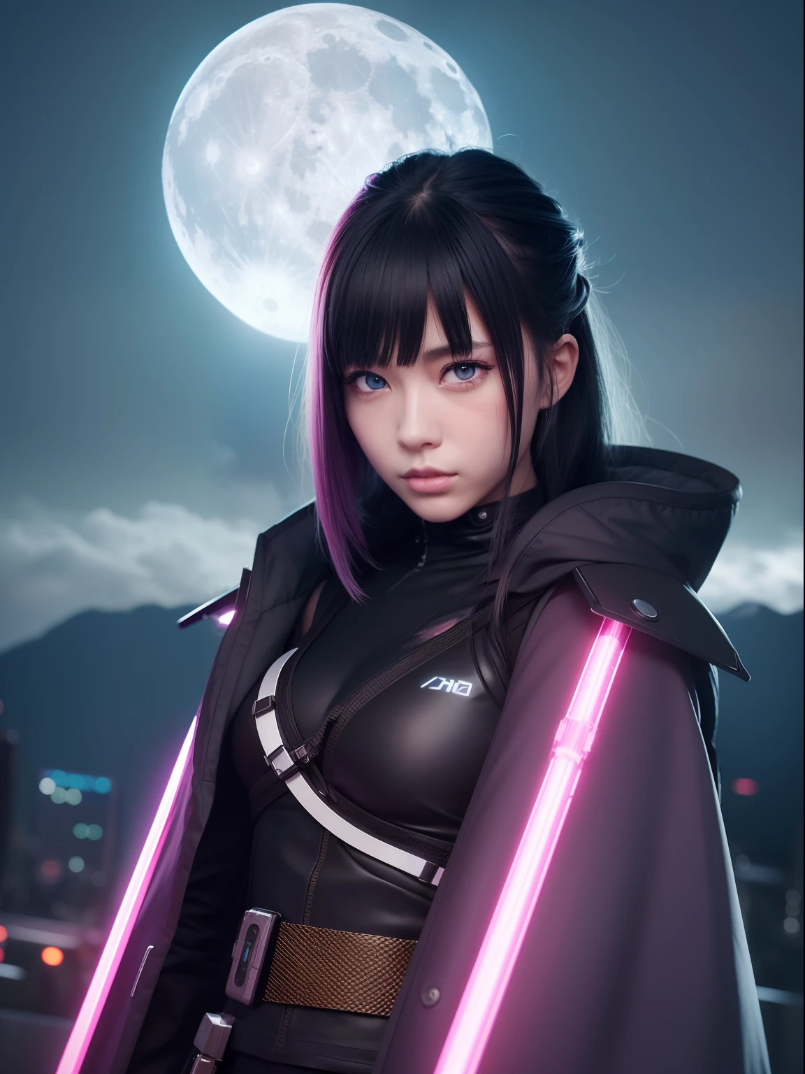,1girl, solo, girl, futuristic outfit, neon samurai, very cute cyberpunk samurai, cyberpunk samurai, ghost blade style, victo ngai cyberpunk style, cyberpunk neon style, cyberpunc, cyberpunk neon, technomancer, video game character, synthwave image, cyberpunk voodoo, neon glow concept art, moon, flashlight, night, solo, outdoor, sky, full moon, rain, mountain, cloud, paper lantern, night sky, bangs, tree, reflection, overcast sky, {{(masterpiece),(extremely detailed CG unit 8k wallpaper), best quality, solo, cinematic lighting, detailed background, beautiful detailed eyes, bright pupils, (an extremely delicate and beautiful), (beautiful and detailed eye description), ultra-detailed, masterpiece,}}, detailed eyes, beautiful eyes, realistic eyes, pleasant eyes, perfect eyes