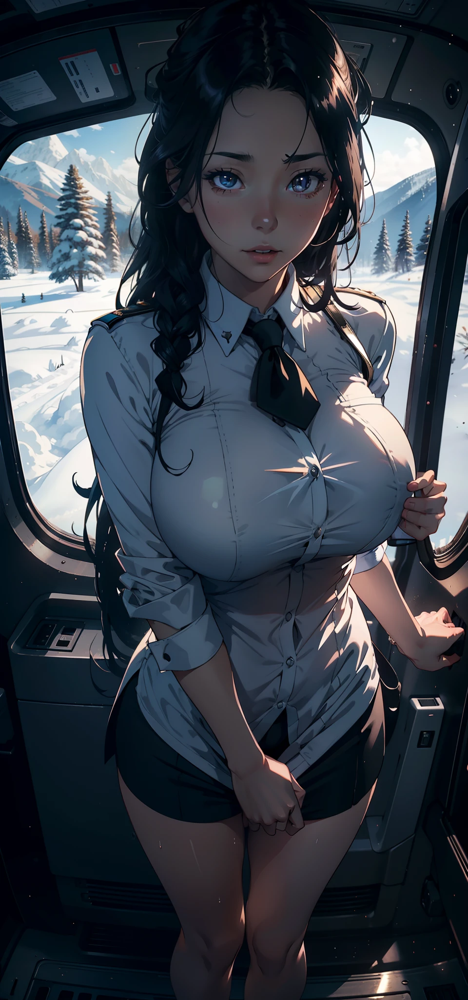 1female，25 age old，Large breasts，Pornographic exposure， 独奏，（Background with：aerodrome，coniferous forest，at winter season，Snow on the ground） with his long black hair， standing on your feet，Sweat profusely，drenched all over the body，seen from the front， curlies， mostly cloudy sky，（（（tmasterpiece），（Very detailed CG unity 8K wallpaper），best qualtiy，cinmatic lighting，detailed back ground，beatiful detailed eyes，Bright pupils，（Very fine and beautiful），（Beautiful and detailed eye description），ultra - detailed，tmasterpiece，）），facing at camera，A high resolution，ultra - detailed），stewardess，Sexy flight attendant uniform，revealing breasts，Bare genitalia， Bulge，Camel toes，Raised sexy，Flushed complexion，Open-mouthed，frontage，Lewd expression