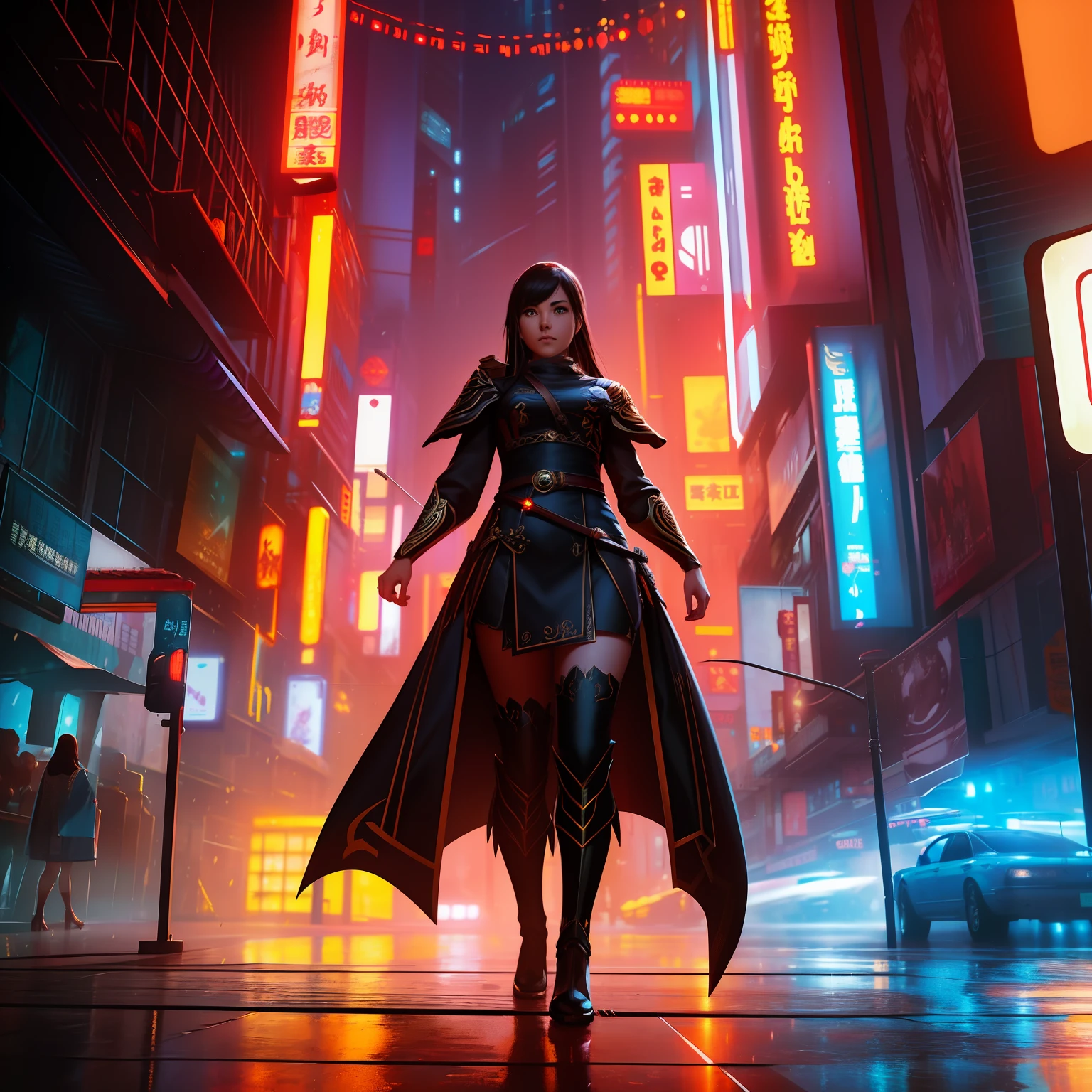 full body shot photo of the most beautiful artwork in the world featuring a (modern female girl:1.3), big eyes, urban tokyo futuristic look, neon lights, night, slow motion, reflections, orange raincoat, intricate detail, nostalgia, heart professional majestic oil painting by Ed Blinkey, Atey Ghailan, Studio Ghibli, by Jeremy Mann, Greg Manchess, Antonio Moro, trending on ArtStation, trending on CGSociety, Intricate, High Detail, Sharp focus, dramatic, photorealistic painting art by midjourney and greg rutkowski hassanfantasy style