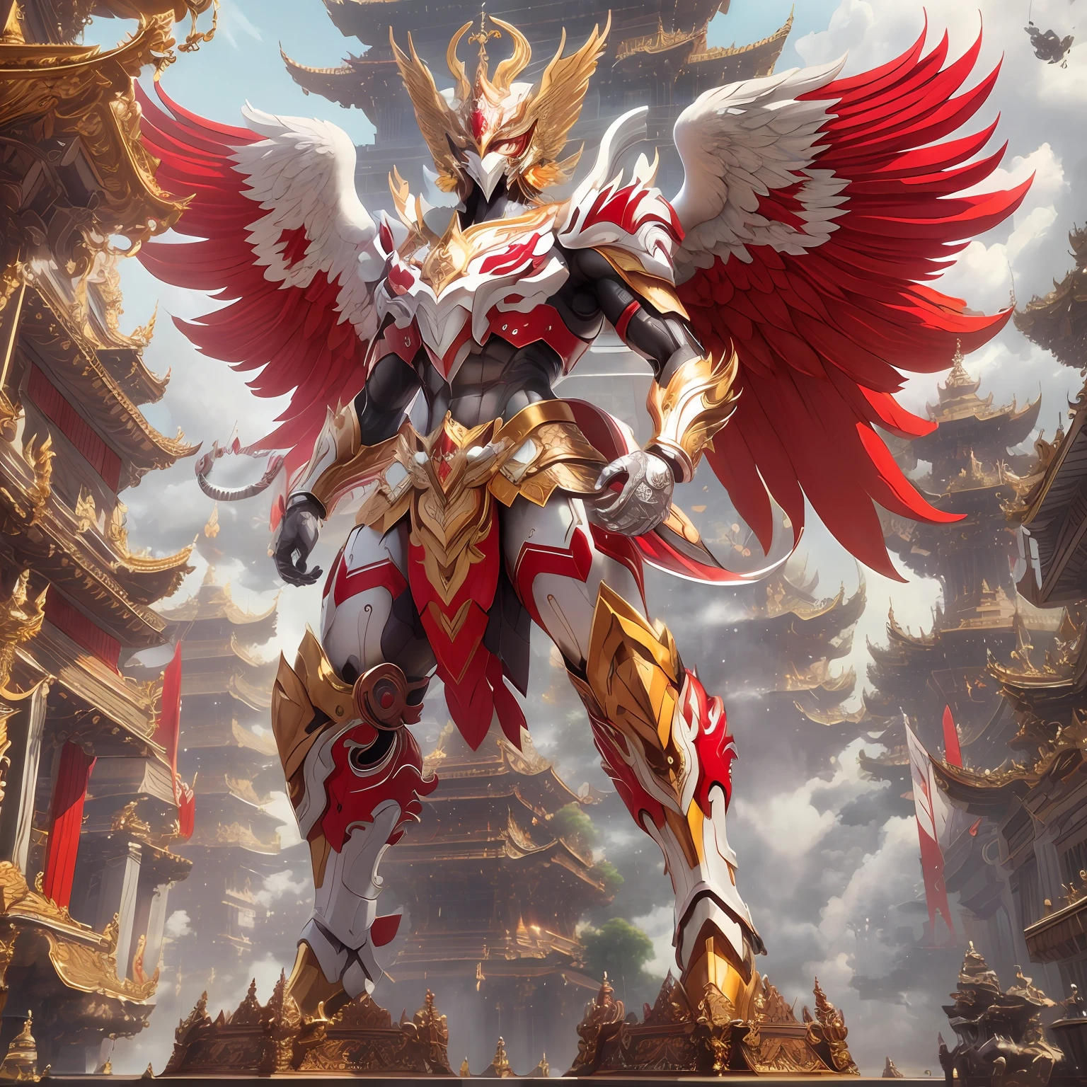 masterpiece,highly detail(Metalic Red and White,Reflect,:1.3)phayakrut king garuda{best quality},, super huge GARUDA solo, very detail, modern city, tower,building,highway, clouds and mist, white armor, Gundam with big Shield and Bamboo stick, 
(extremely detail CG unity 8k wallpaper:1.1)(masterpiece),(best quality:1.1),realistic,style of master anime,perfect perspective,intricate detail