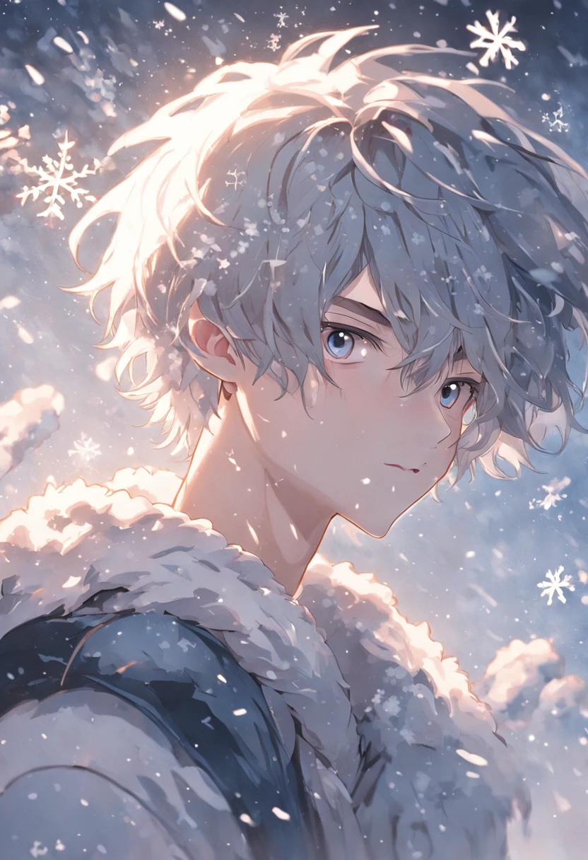 Romantic snowflakes flutter in the wind,Boy in the snow,Light white and silver design,Pay attention to the texture of the skin and flowers,Sony FE 12-24mm F/2.8 gm,Impressionist garden,Proficient in calligraphy,eco-friendly craftsmanship,Brush stroke exploration
