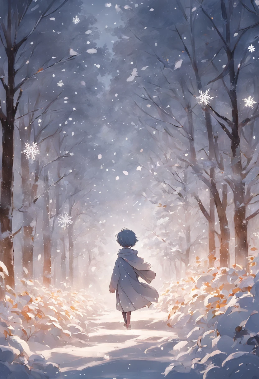 Romantic snowflakes flutter in the wind,Boy in the snow,Light white and silver design,Pay attention to the texture of the skin and flowers,Sony FE 12-24mm F/2.8 gm,Impressionist garden,Proficient in calligraphy,eco-friendly craftsmanship,Brush stroke exploration