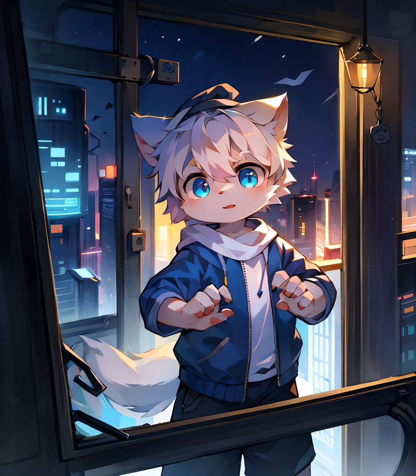 Highest picture quality,delicate painting style,delicate hook line,Masterpieces,Fine skin,Delicate hair,Delicate hands,Delicate eyes,normal eyes,White cat ears,Shaggy,Blue eyes,Handsome,((White headscarf)),cat style,Shota,Cyberpunk, Blue Pupils, Night view of the city, , mottled light and shadow, Boy,Shota,There are bright eyes of God,White fur,Blue jacket,独奏,solo person