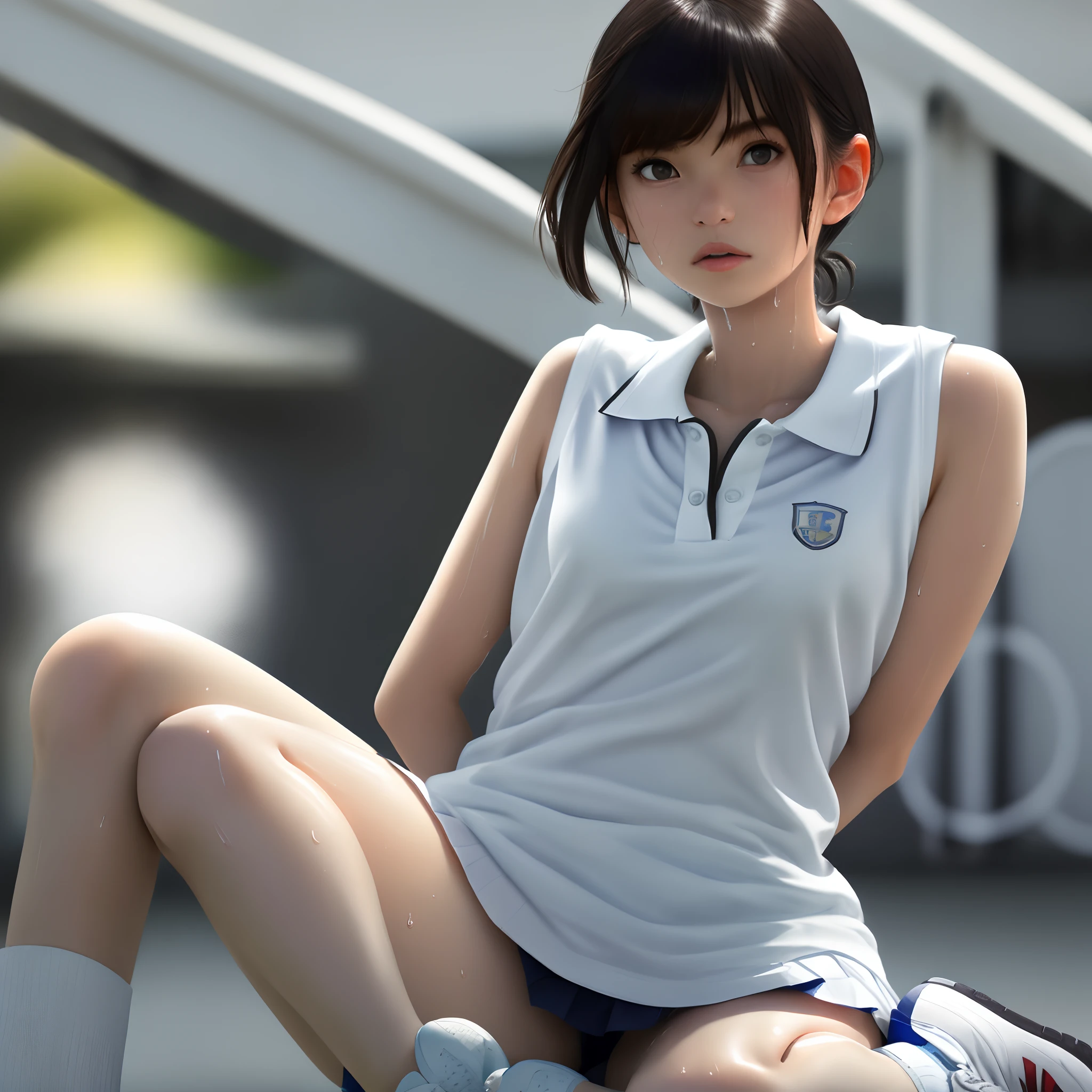 1girl, solo, white polo shirt, white sneakers, tennis wear, white miniskirt, masterpiece, best quality, realistic, hyper-detailed, (shiny skin, sweaty:1.4), absurd, looking at viewer, short black hair, brown eyes, slender, dynamic lighting, high resolution, sharp focus, depth of field, detailed eyes, sharp pupils, realistic pupils, (small breasts:1.6), (thick thighs:1.0), outdoor, sky