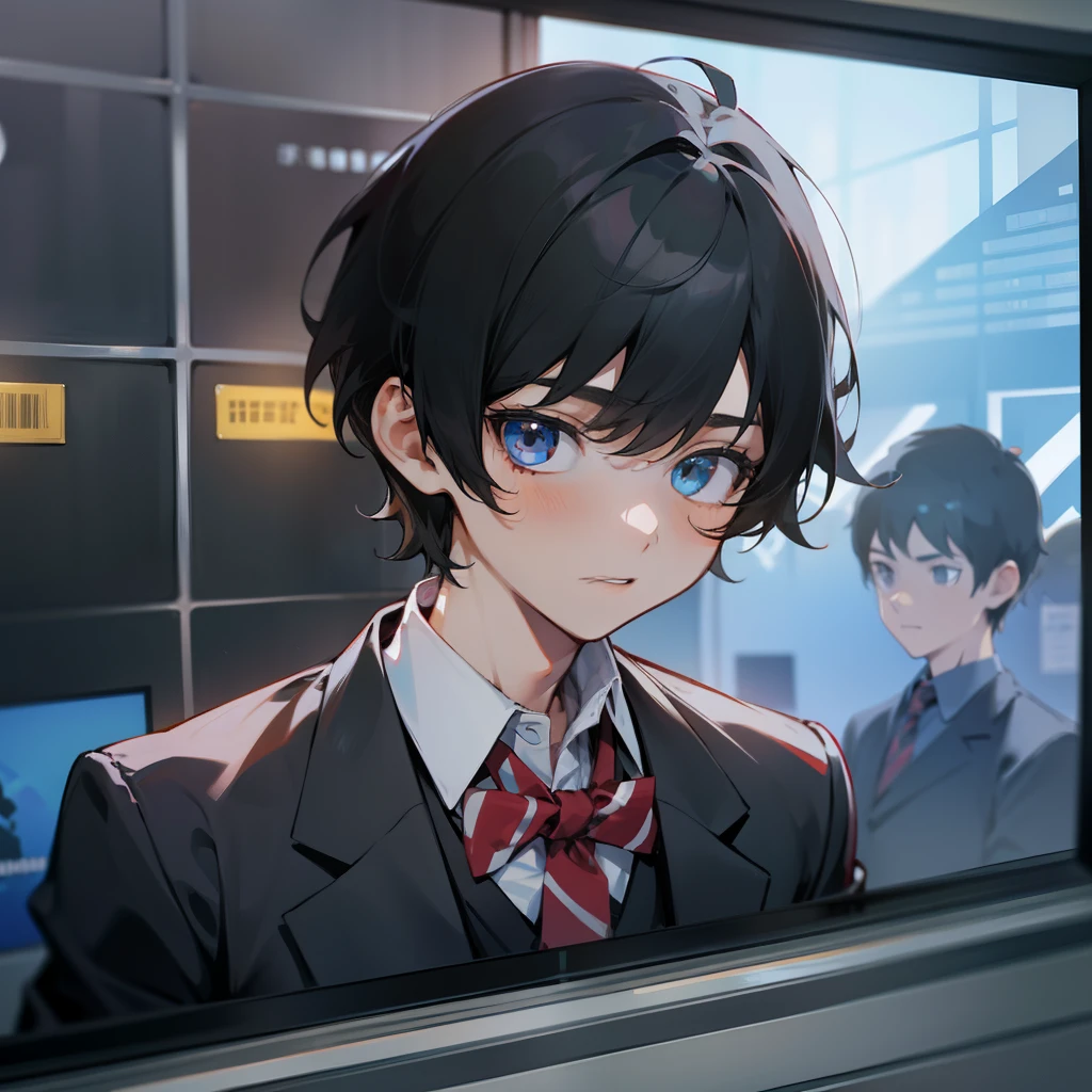 A boy with short black hair and a black school uniform，Stand in front of a high-tech booth，