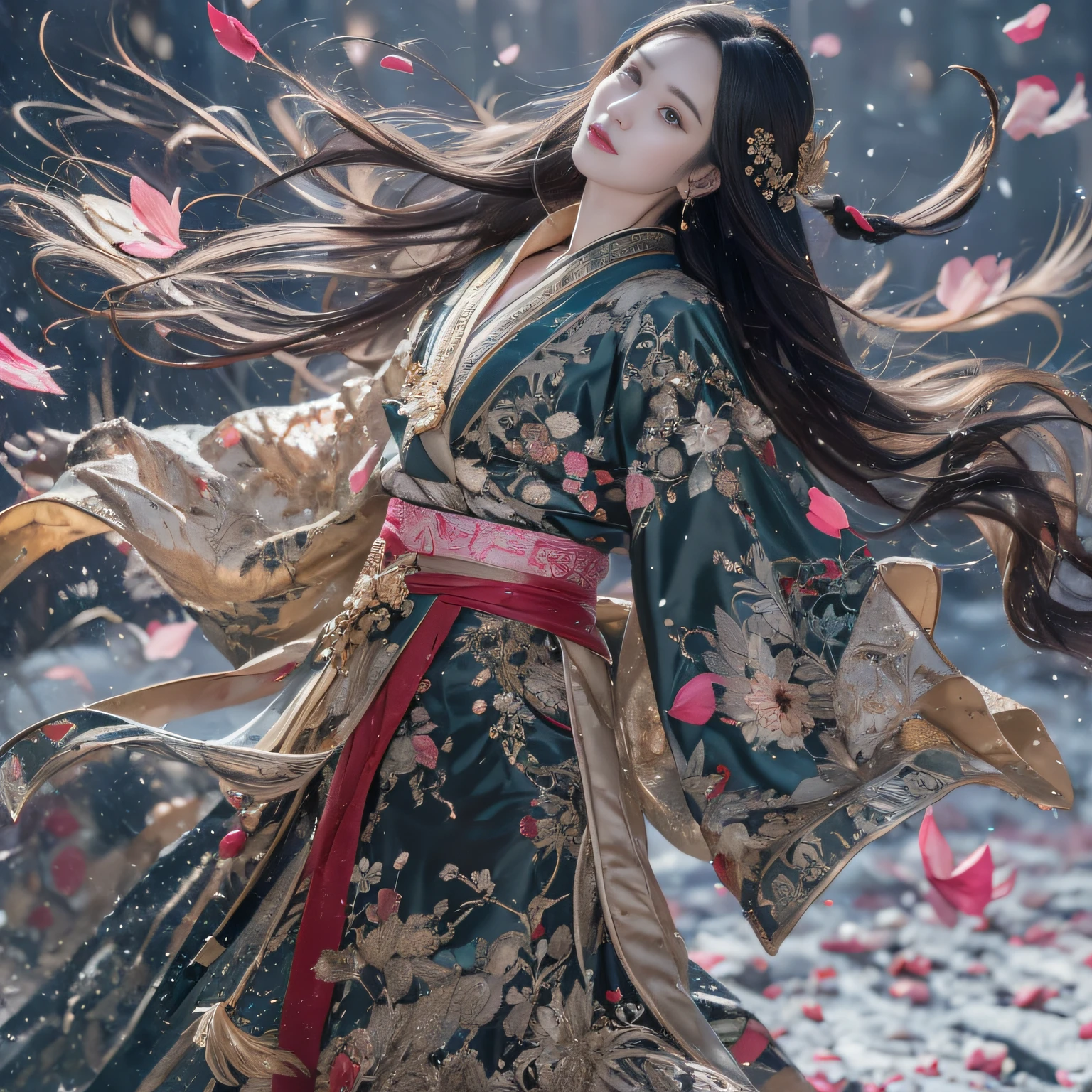 32K（tmasterpiece，k hd，hyper HD，32K）Long flowing black hair，ponds，zydink， a color，  Xuzhou people （Seduce girls）， （Red scarf in the snow）， Jumping up pose， looking at the ground， long whitr hair， Floating hair， Gold carp pattern headdress， Chinese long-sleeved silver battle robe， （Abstract gouache splash：1.2）， Pink petal background，Tulips flying（realisticlying：1.4），Black color hair，Fallen leaves flutter，The background is pure， A high resolution， the detail， RAW photogr， Sharp Re， Nikon D850 Film Stock Photo by Jefferies Lee 4 Kodak Portra 400 Camera F1.6 shots, Rich colors, ultra-realistic vivid textures, Dramatic lighting, Unreal Engine Art Station Trend, cinestir 800，Long flowing black hair，Transparent robe clothing
