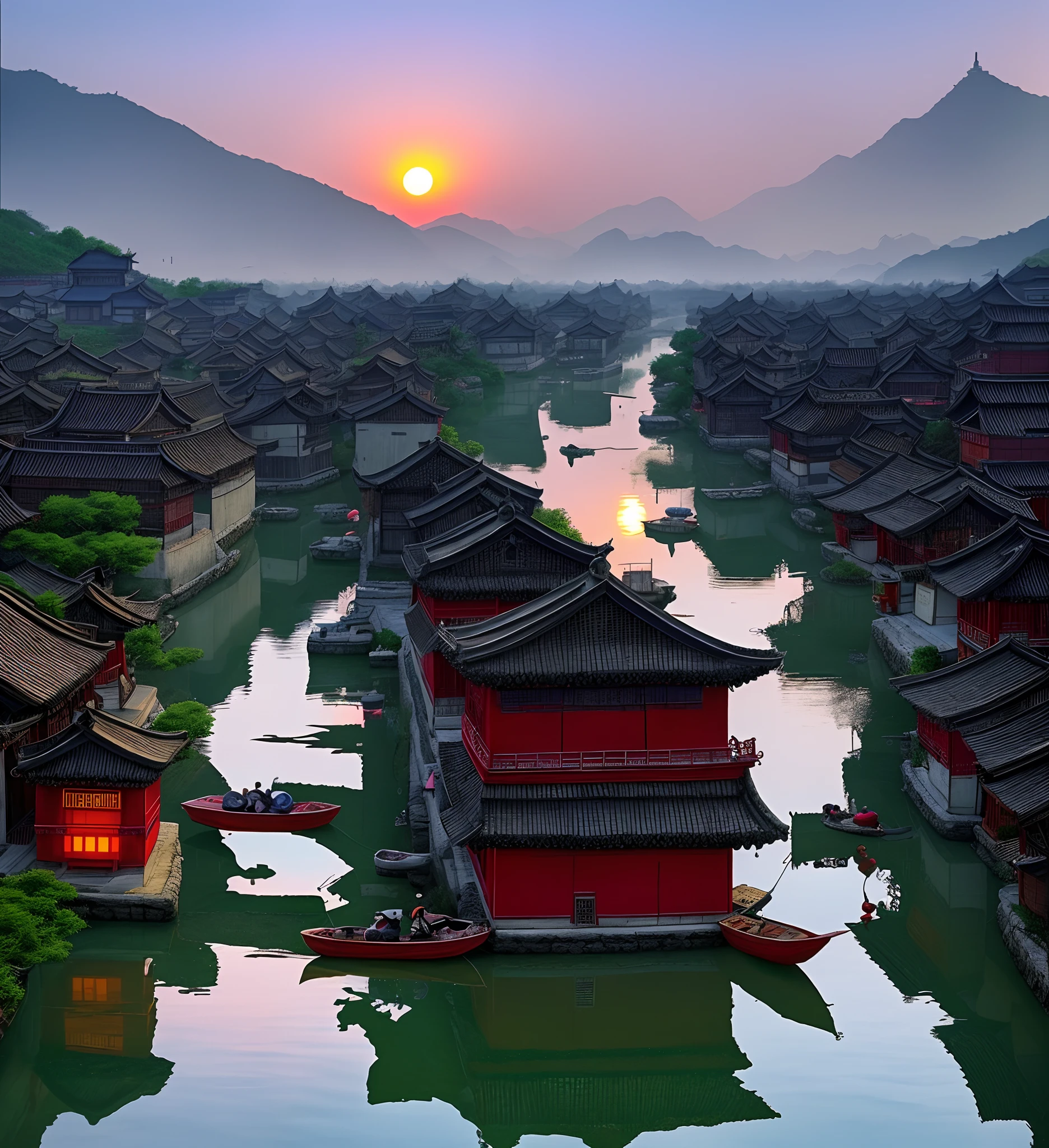 Chinese village，setting sun，Someone has a dog，Small boat Chinese lantern，The boat is in the middle of the river，Ancient towns on both sides，Manhwa Style，There are many people on the shore，photorealestic，Low saturation，Miyazaki manga style