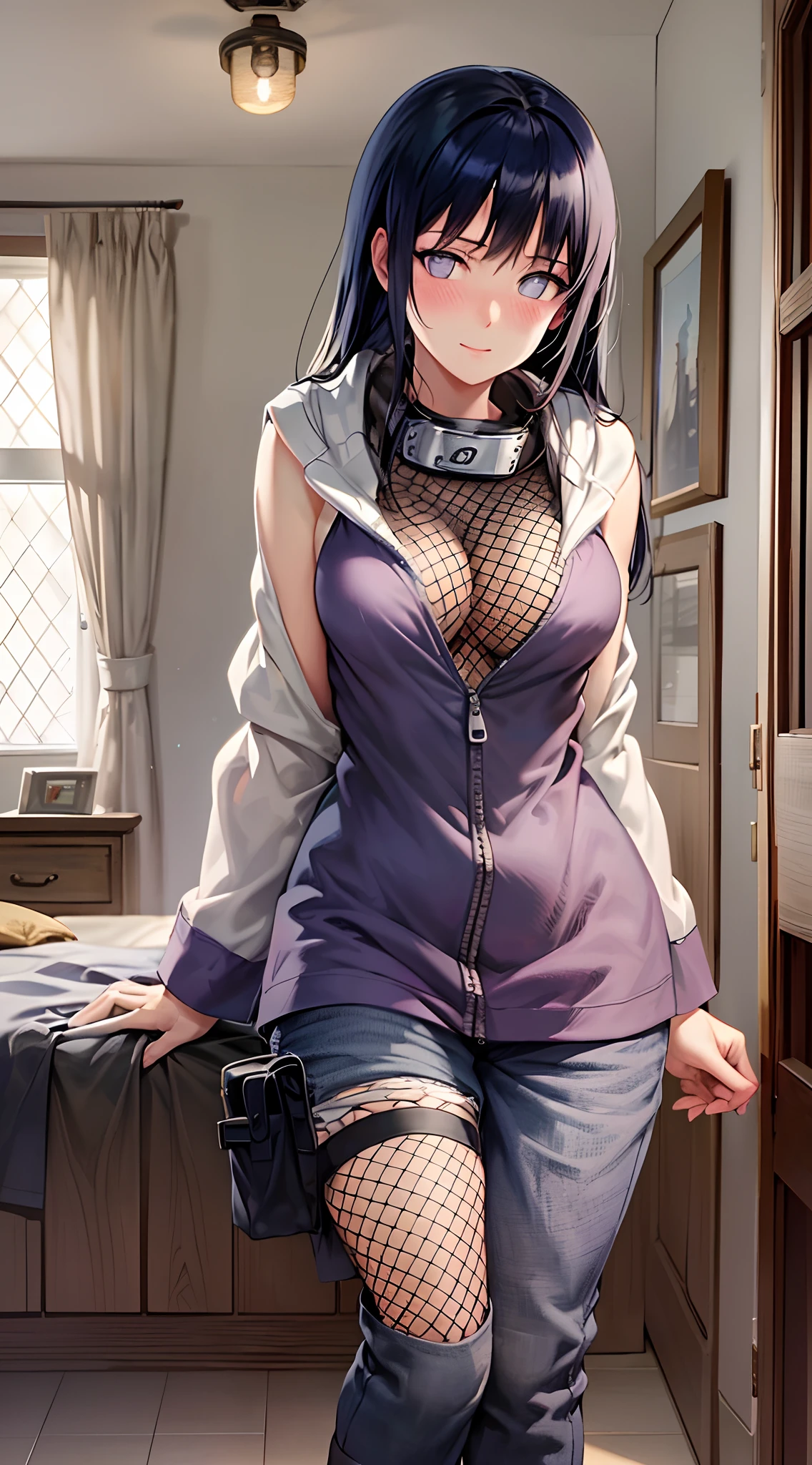 Masterpiece, High definition, high quality, detailed face, detailed body rendering, 1girl, solo,  Hinata sleeveless clothing,room,, sleeveless shirt,( fishnet garment),  unzipper jacket,  standing, blush, (in bedroom)