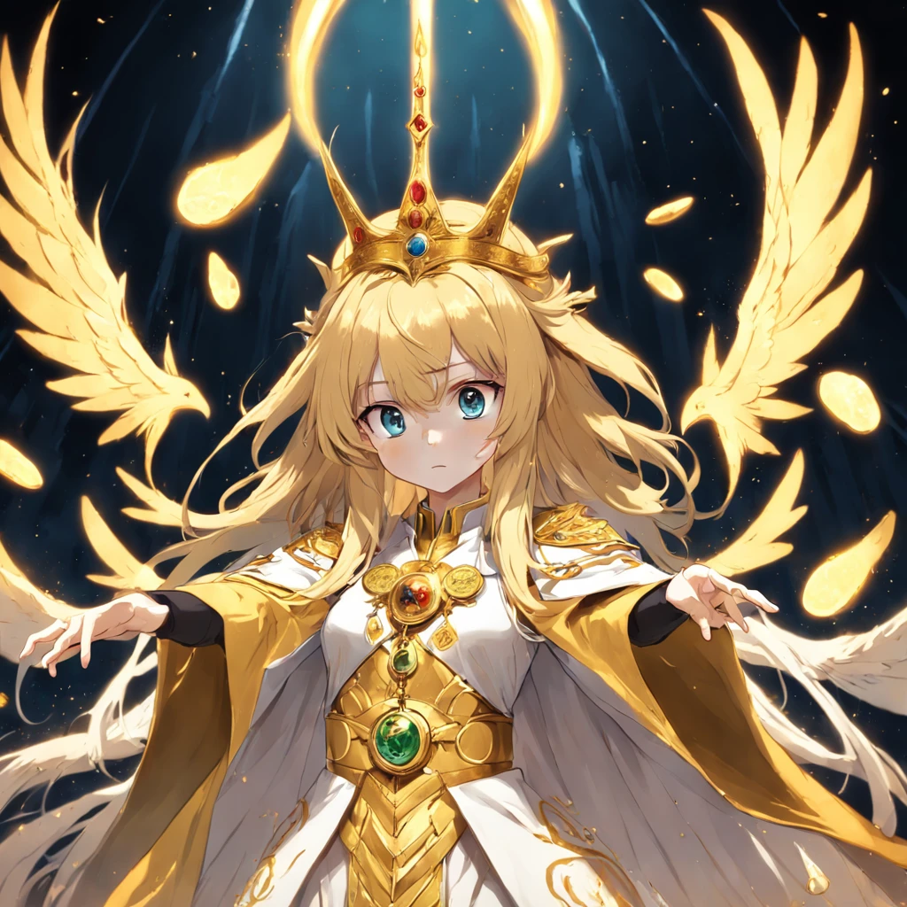 The female pope wears a golden crown and a phoenix robe,holding a phoenix scepter and a magic bok. She is surounded by a dazling display of gold coins and has long golden hair
