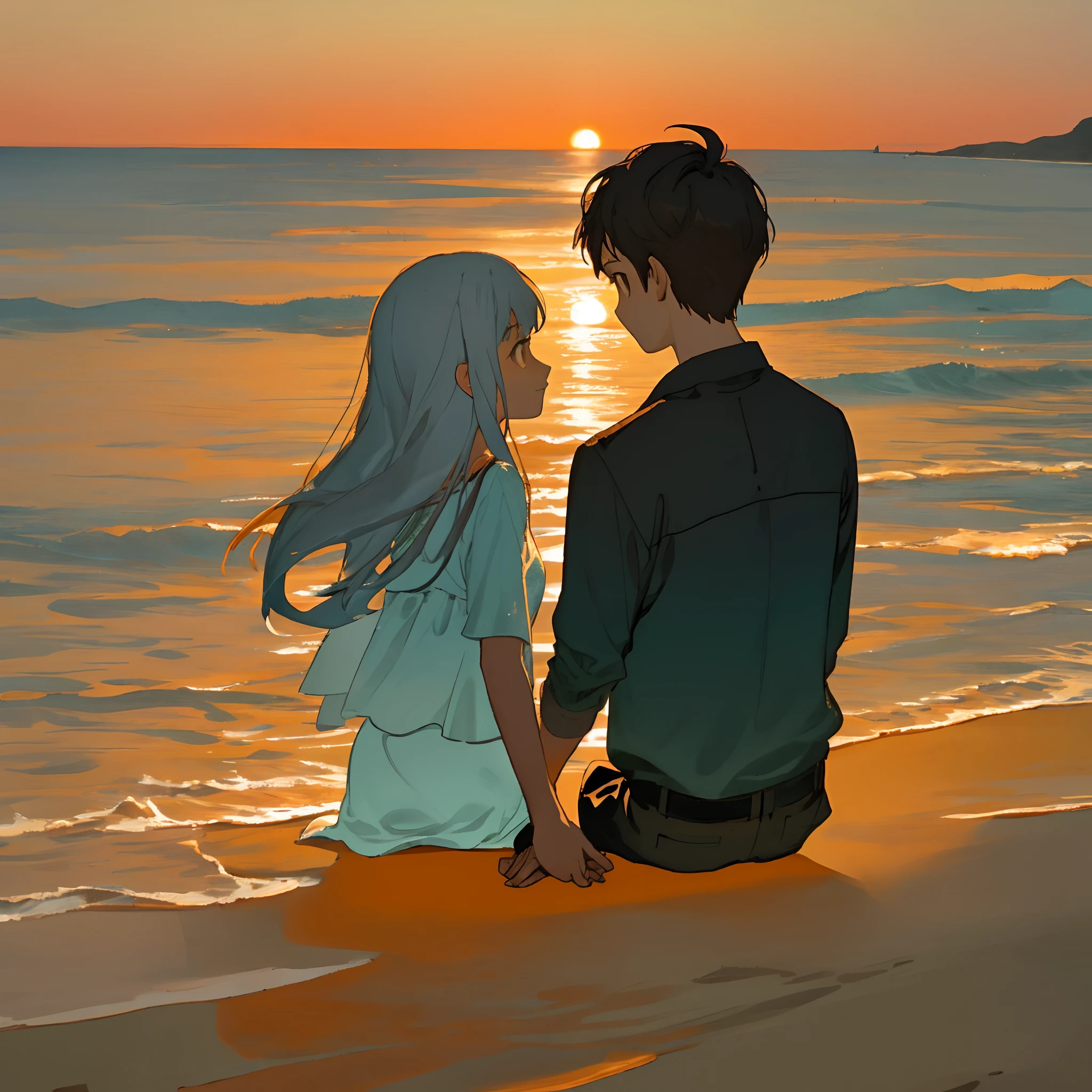 Sunset by the sea, Two people sitting on the back of the beach, they hold hands, the girl holds a flower in her hand, and the boy looks at her dotingly(requirements:a warm color palette)