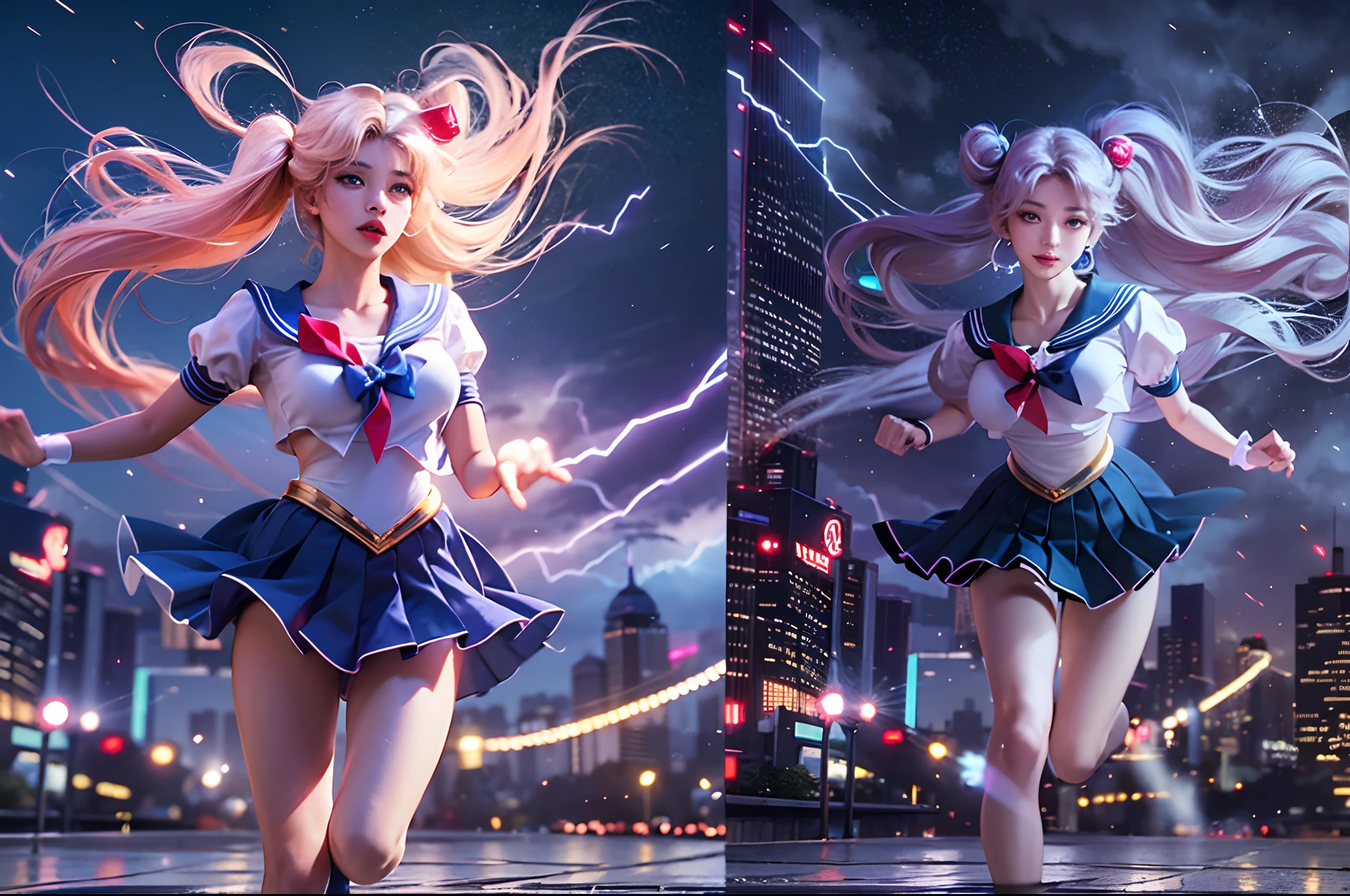 1girl, super beautiful girl, dream girl, sailor moon cosplay, ulzzang, running, in the background a city, lightning in the sky, ultra details, ultra realistic, cinematic , octane render, 16k