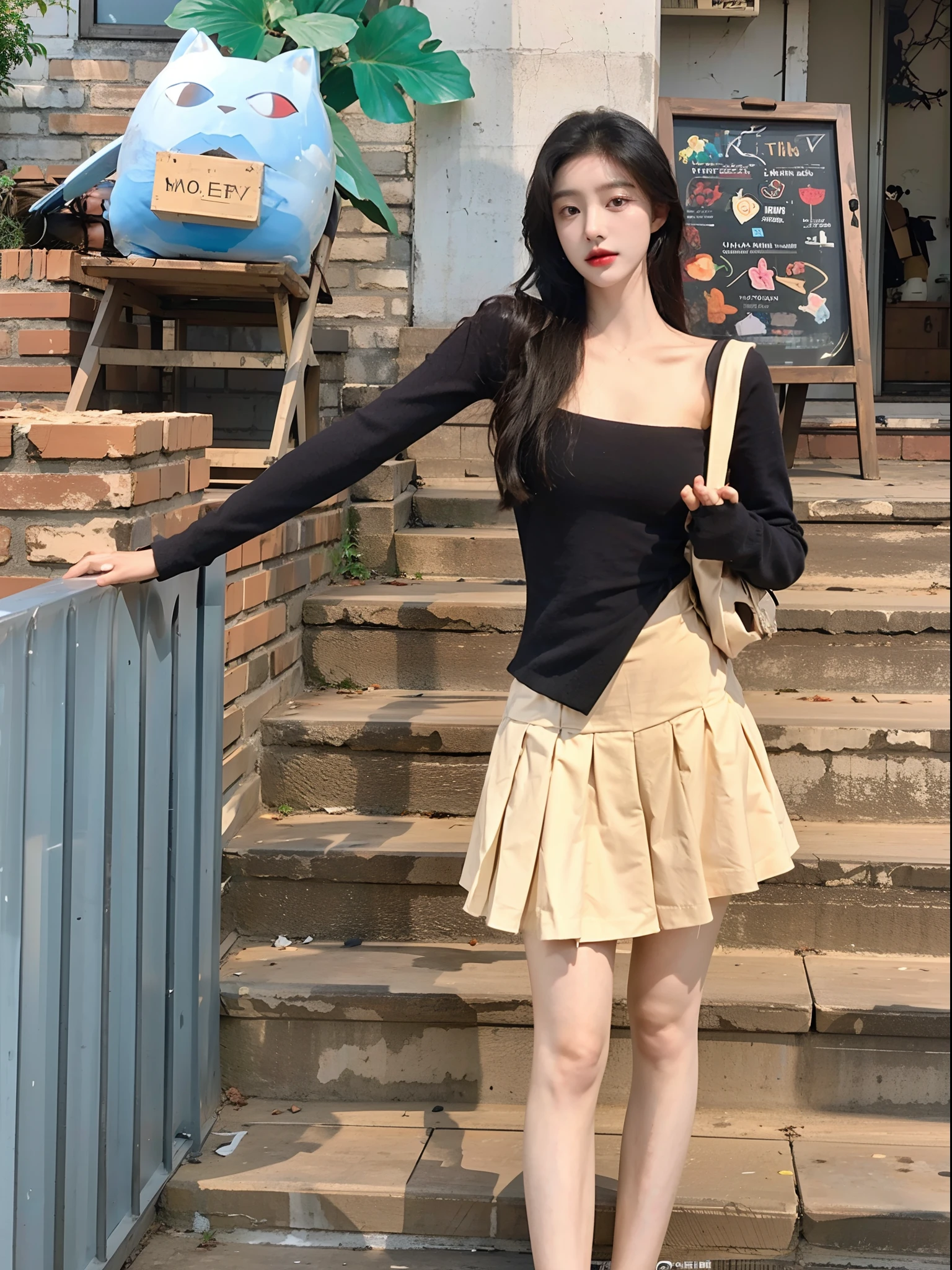 There was a woman standing on the steps of the building, Korean girl, korean women's fashion model, Gorgeous young Korean woman, ulzzangs, bae suzy, jaeyeon nam, dressed with long fluent clothes, leaked image, photo of slim girl, casual clothing style, skinny waist and thick hips, Choi Hyun-hwa, dilraba dilmurat，（teeth），（Open-mouthed）