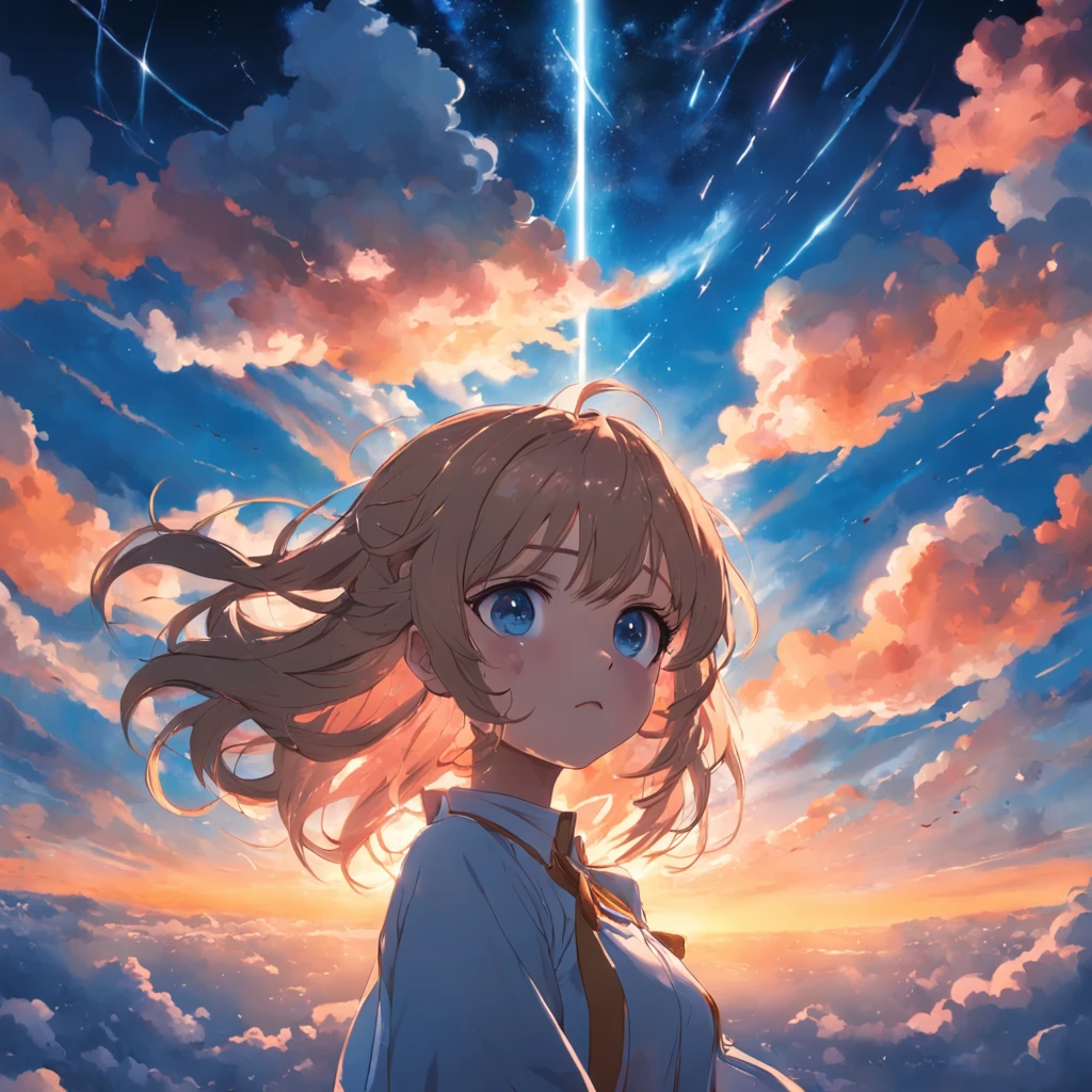 tmasterpiece,best qualtiy,cinematic Film still from,1girl,Cloud Girl,Floating in the sky,closeup cleavage,brightly,glomy,Cool lighting,the sunset,(spark of light:0.7)