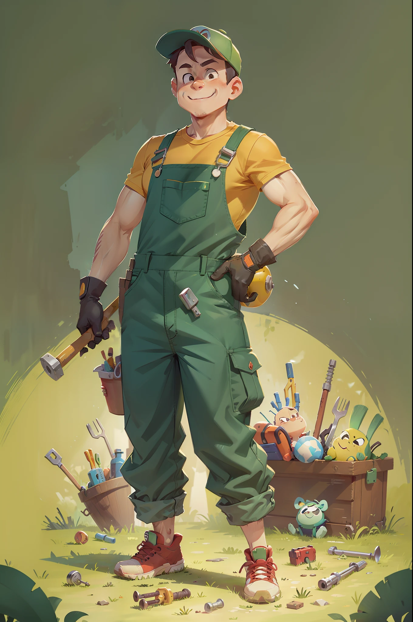 A repairman with a wrench and a hammer，a chinese male，Green overalls，Next to it is the toolbox，ssmile，full bodyesbian，cartoony，clean backdrop，