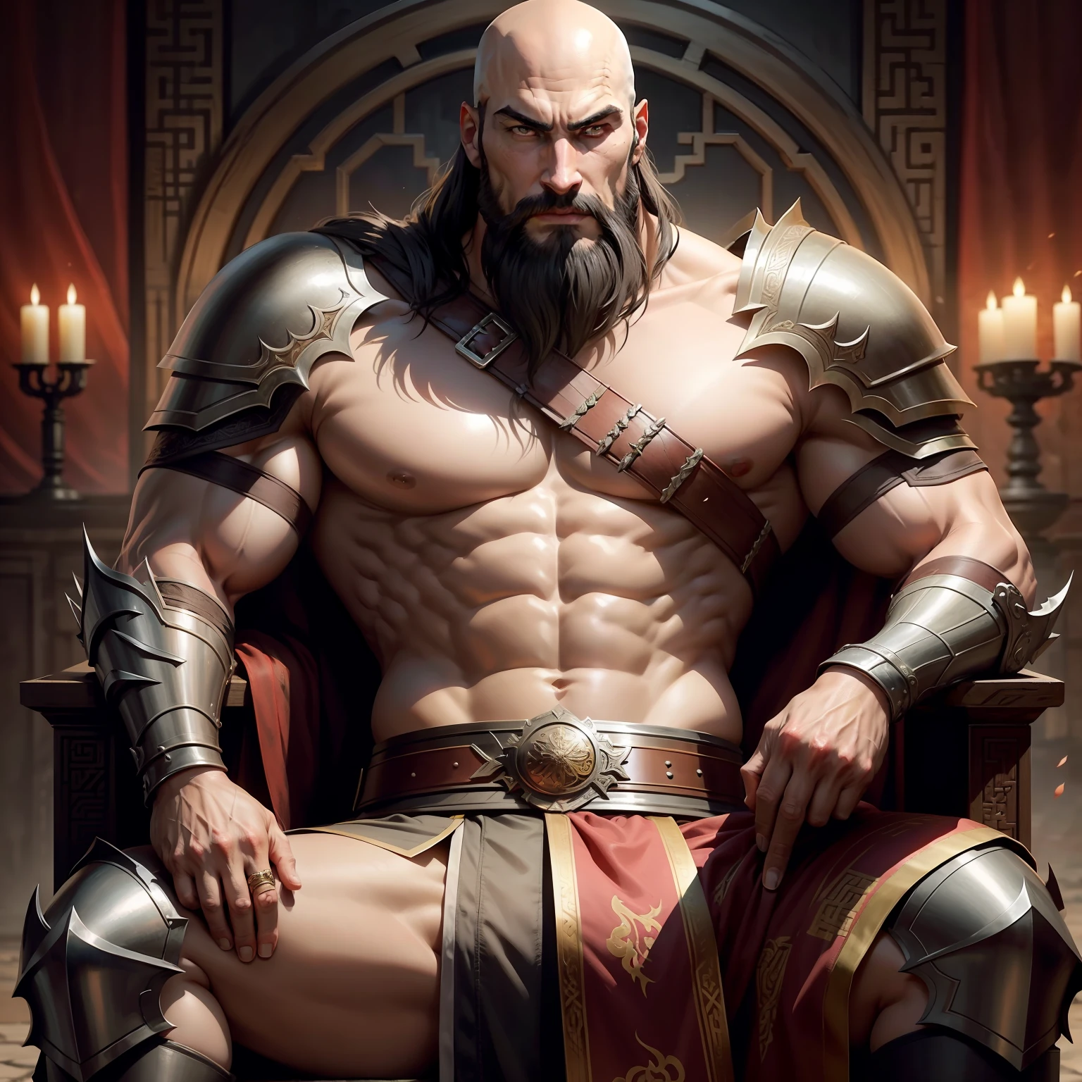 Muscular handsome warrior leather Armor Wear chinese style Castlevania Lord of the shadows bald beard handsome sitting in great Legendary throne moroccan environnement