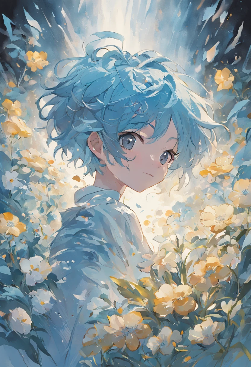 Blooming flowers flutter in the wind,The boy in the flower,Light blue and silver design,Pay attention to the texture of the skin and flowers,Sony FE 12-24mm F/2.8 gm,Impressionist garden,Proficient in calligraphy,eco-friendly craftsmanship,Brush stroke exploration