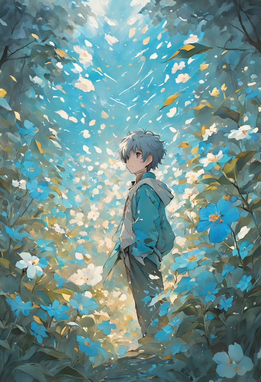 Blooming flowers flutter in the wind，The boy in the flower，Light blue and silver design，Pay attention to the texture of the skin and flowers，Sony FE 12-24mm F/2.8 gm，Impressionist garden，Proficient in calligraphy，eco-friendly craftsmanship，Brush stroke exploration