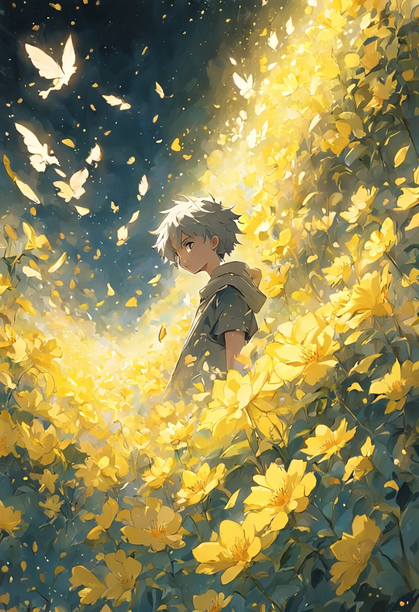 Blooming flowers flutter in the wind,The boy in the flower,Light yellow and silver design,Pay attention to the texture of the skin and flowers,Sony FE 12-24mm F/2.8 gm,Impressionist garden,Proficient in calligraphy,eco-friendly craftsmanship,Brush stroke exploration