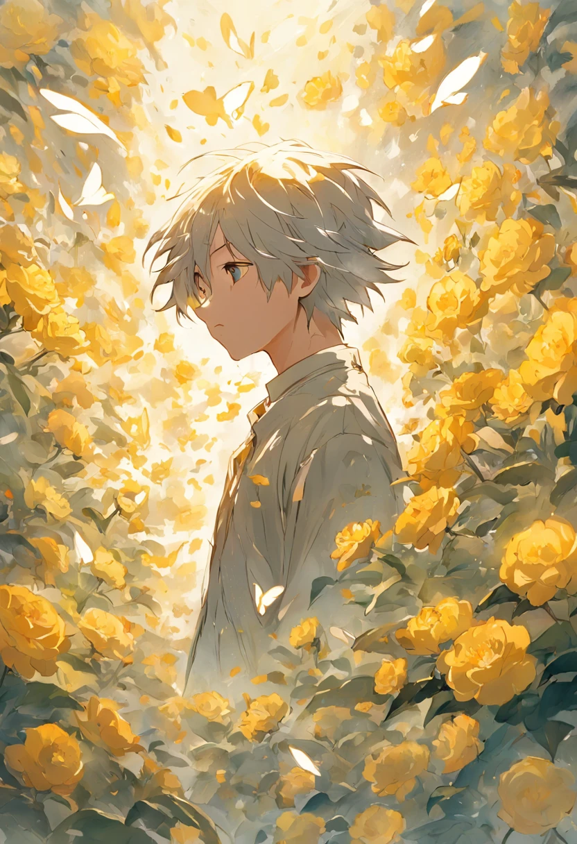 Blooming flowers flutter in the wind,The boy in the flower,Light yellow and silver design,Pay attention to the texture of the skin and flowers,Sony FE 12-24mm F/2.8 gm,Impressionist garden,Proficient in calligraphy,eco-friendly craftsmanship,Brush stroke exploration