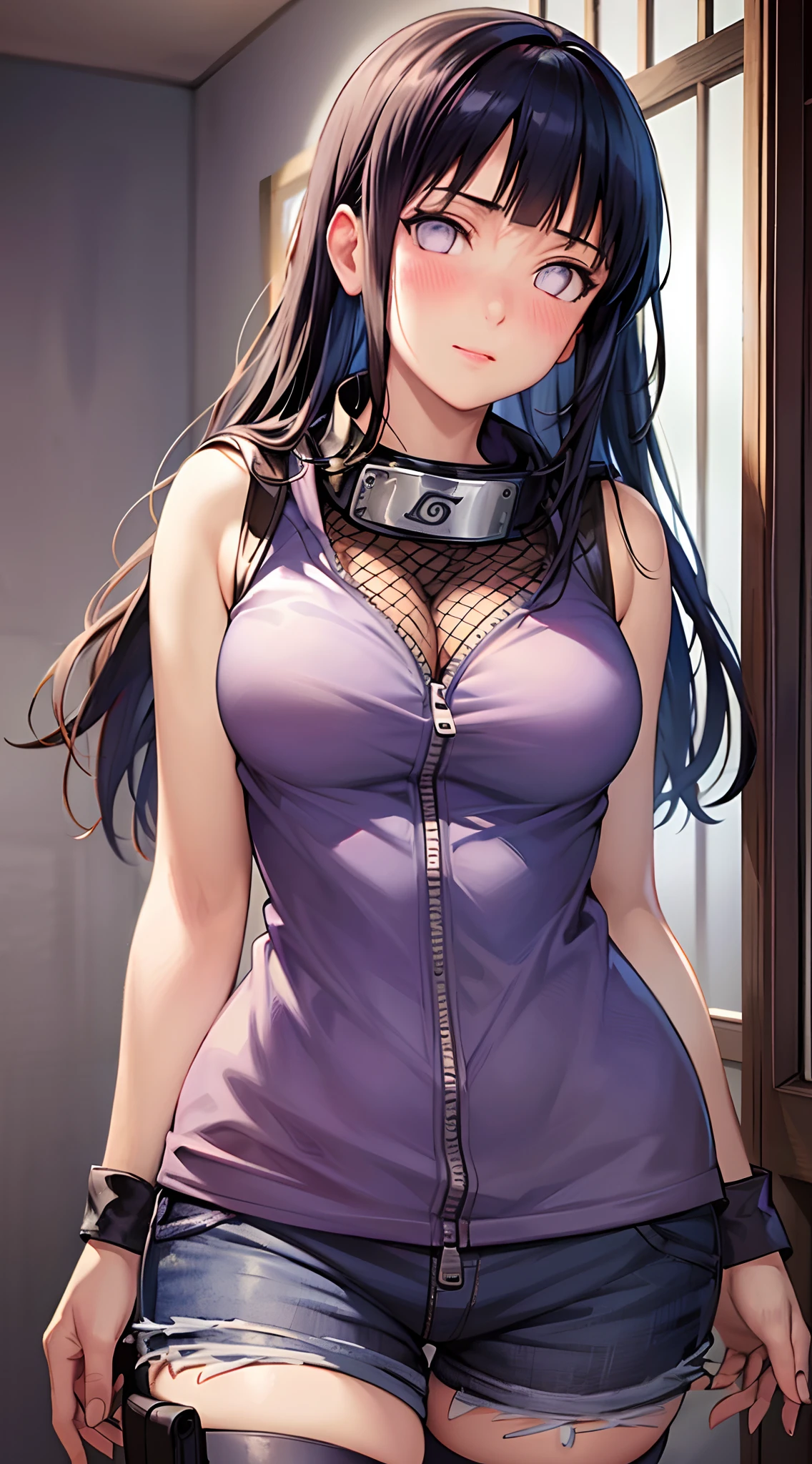 Masterpiece, High definition, high quality, detailed face, detailed body rendering, 1girl, solo,  Hinata sleeveless clothing,room,, sleeveless shirt,( fishnet garment),  unzipper jacket,  standing, blush, (in bedroom)