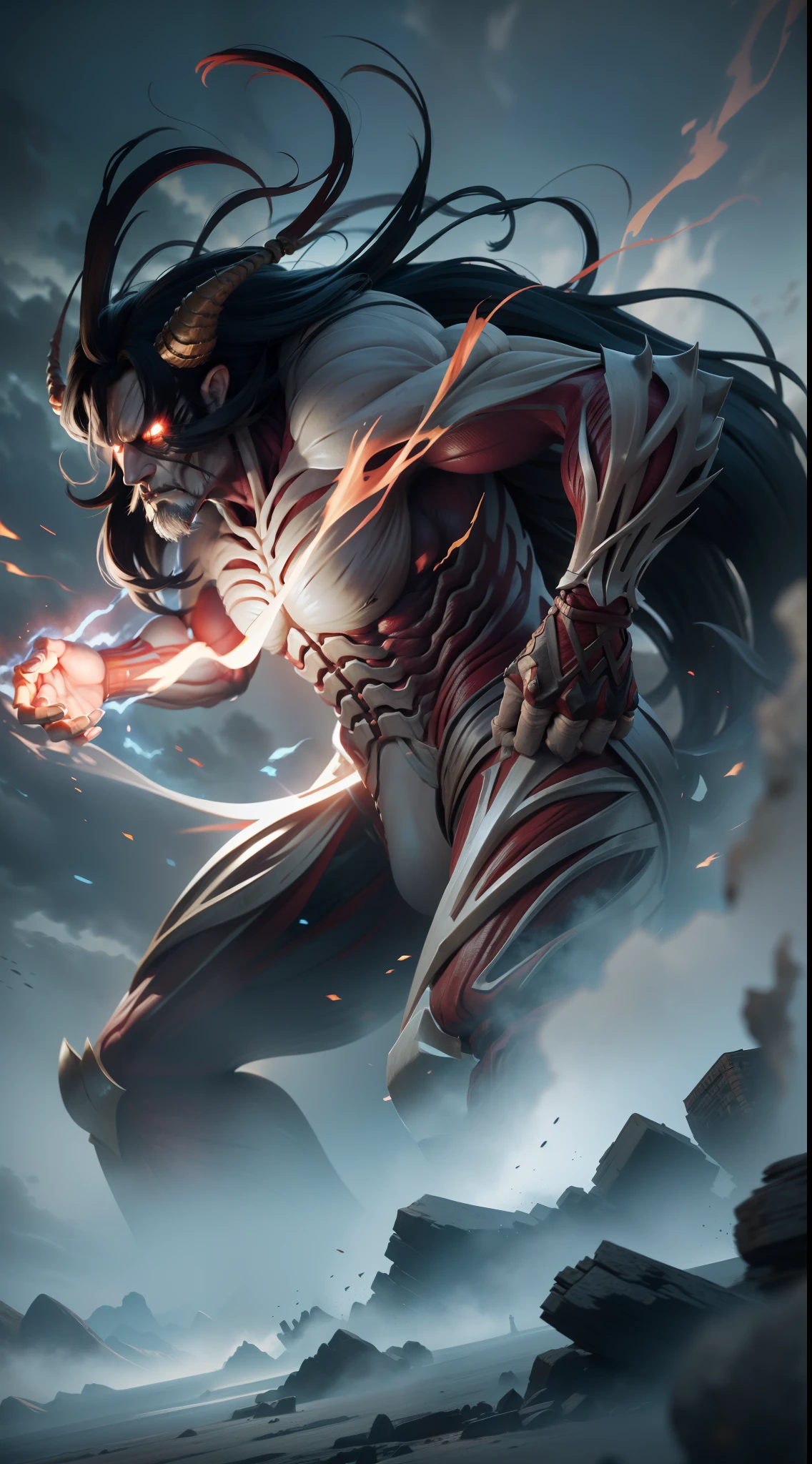 Imagine "Giant Kaido" in "Attack on Titan": as he zooms in, his imposing figure dominates the battlefield and his dark black hair with two horns. Towering and indomitable, his fearsome appearance was still intact. As a formidable force, he personifies the power of the titans. Kaido's relentless quest for power blends with global turmoil, crafting an intense crossover narrative that reflects his reign of sovereignty. extremely detailed, ultra hd, hdr, 8k, cinematic, dramatic lighting ray tracing reflections