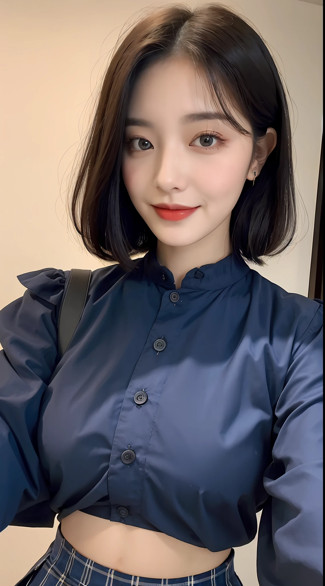 high detal，8K分辨率，超高分辨率，Best image quality，a beauty girl，lipsticks，Love pupils，Peerless beauty，Messy black straight hair，shoulder-length short hair，（Coiled hair）Smooth hair，Intense and beautiful makeup，Exquisite and perfect facial features，the most beautiful big eyes，Be red in the face，Sweet smile，（Wearing a blue lace shirt with buttons，tiese ，Plaid pleated skirt）Open navel，Thin waist，（Full breasts）Get close to the viewer，dynamic angle，Extreme picture quality，Highest accuracy