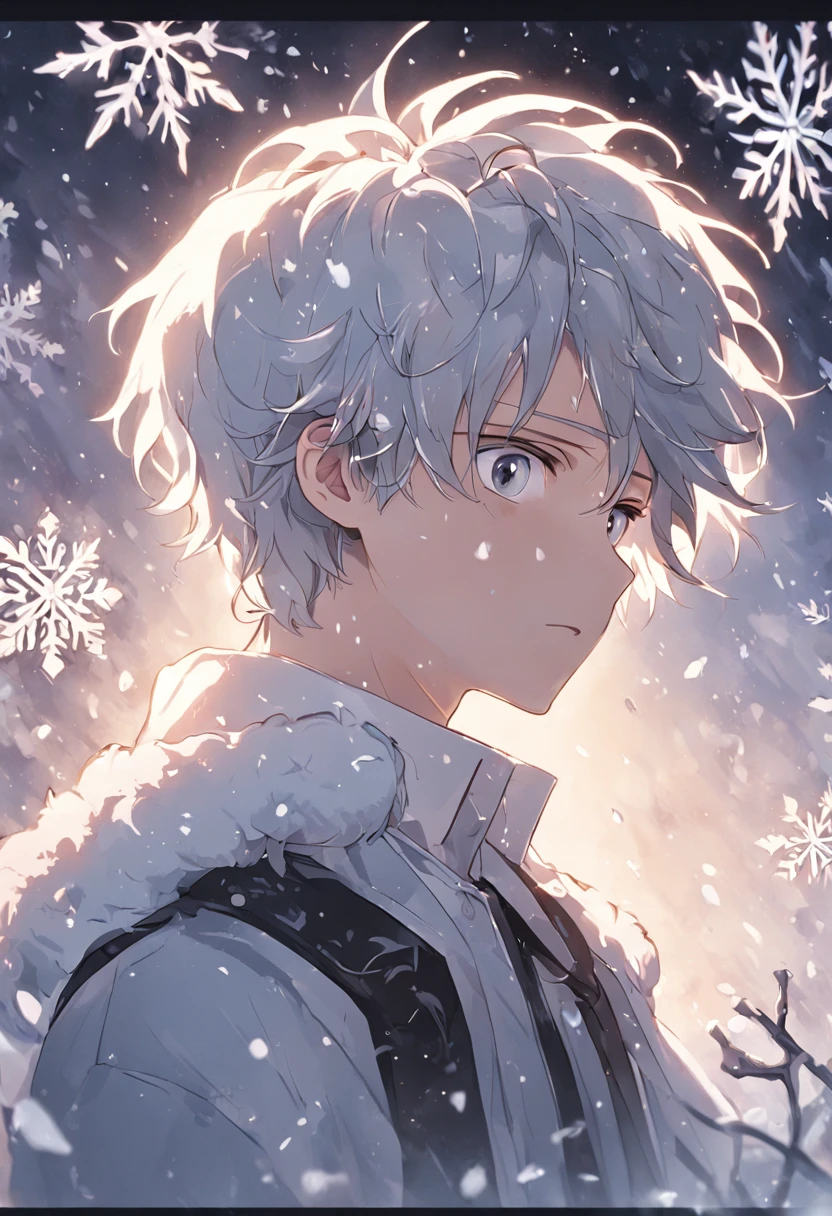 Romantic snowflakes flutter in the wind,Boy in the Snow,Handsome face,Light white and silver design,Pay attention to the texture of the skin and flowers,Sony FE 12-24mm F/2.8 gm,Impressionist garden,Proficient in calligraphy,eco-friendly craftsmanship,Brush stroke exploration