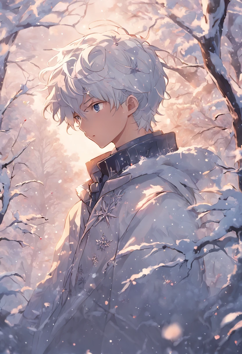 Romantic snowflakes flutter in the wind,Boy in the Snow,Handsome face,Light white and silver design,Pay attention to the texture of the skin and flowers,Sony FE 12-24mm F/2.8 gm,Impressionist garden,Proficient in calligraphy,eco-friendly craftsmanship,Brush stroke exploration