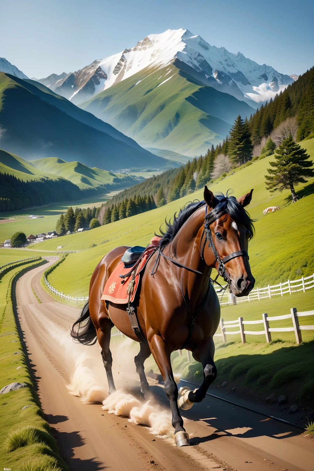 A horse gallops,Realiy,Running horses,Hakuba,Galloping across the steppe,Watching from a distance,Best quality at best,picturesque,rios,Big Mountain