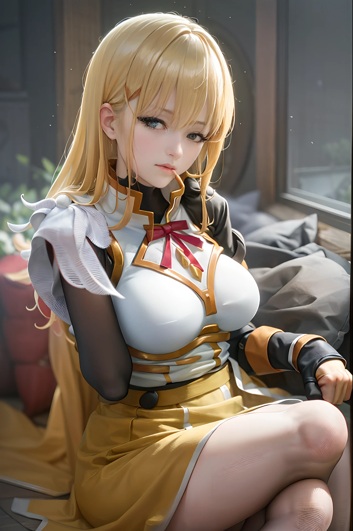 (Prominence in Masterpiece, Best Quality: 1.2), solo, 1 girl,darkness, serious, mouth closed, looking at viewer, hand on face, sitting, legs crossed, collared shirt, tie up, skirt, stockings , big thighs, big breasts,blonde  hair)