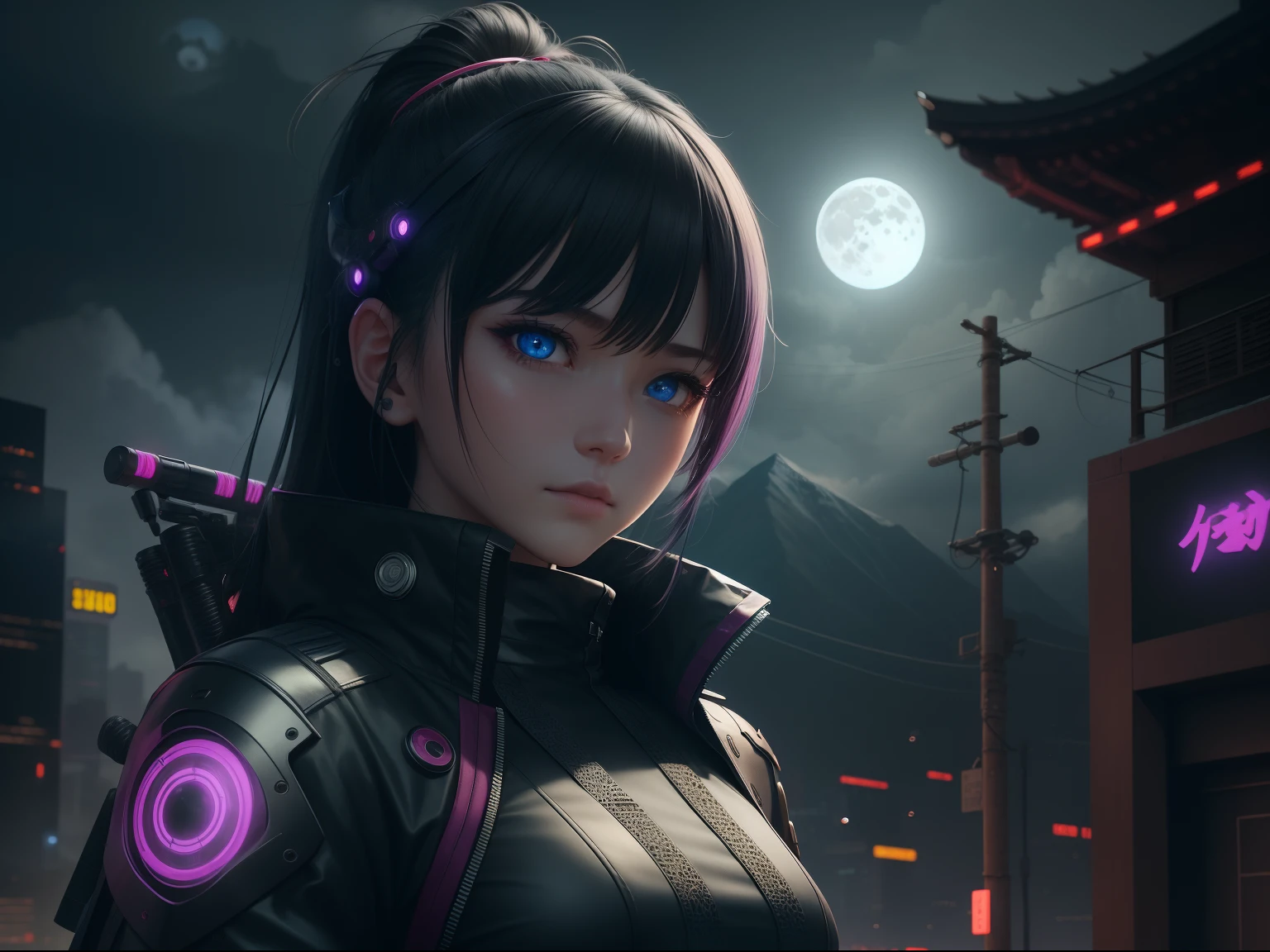 ,1girl, solo, girl, futuristic outfit, neon samurai, very cute cyberpunk samurai, cyberpunk samurai, ghost blade style, victo ngai cyberpunk style, cyberpunk neon style, cyberpunc, cyberpunk neon, technomancer, video game character, synthwave image, cyberpunk voodoo, neon glow concept art, moon, flashlight, night, solo, outdoor, sky, full moon, rain, mountain, cloud, paper lantern, night sky, bangs, tree, reflection, overcast sky, {{(masterpiece),(extremely detailed CG unit 8k wallpaper), best quality, solo, cinematic lighting, detailed background, beautiful detailed eyes, bright pupils, (an extremely delicate and beautiful), (beautiful and detailed eye description), ultra-detailed, masterpiece,}}, detailed eyes, beautiful eyes, realistic eyes, pleasant eyes, perfect eyes