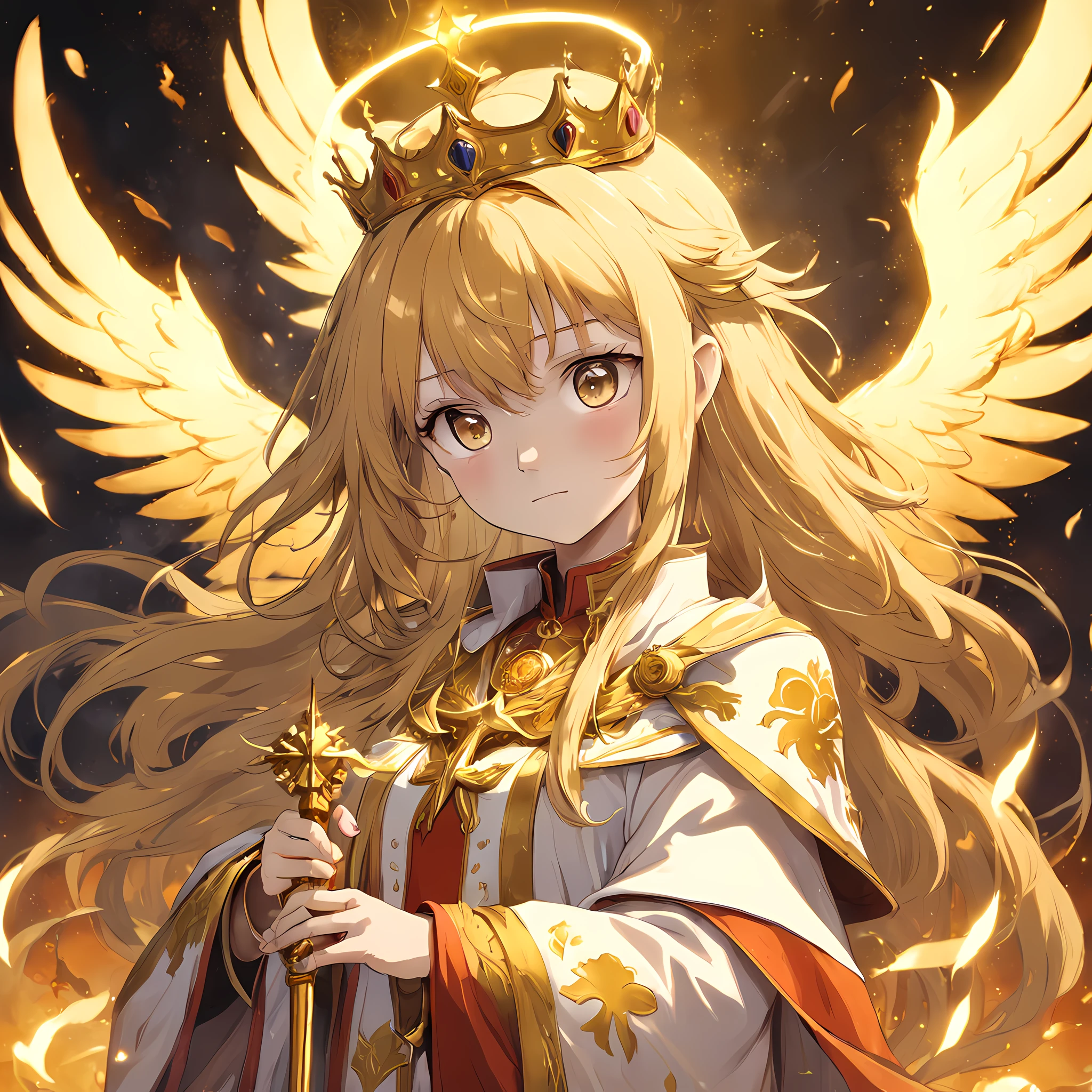 The female pope wears a golden crown and a phoenix robe,holding a phoenix scepter and a magic bok. She is surounded by a dazling display of gold coins and has long golden hair