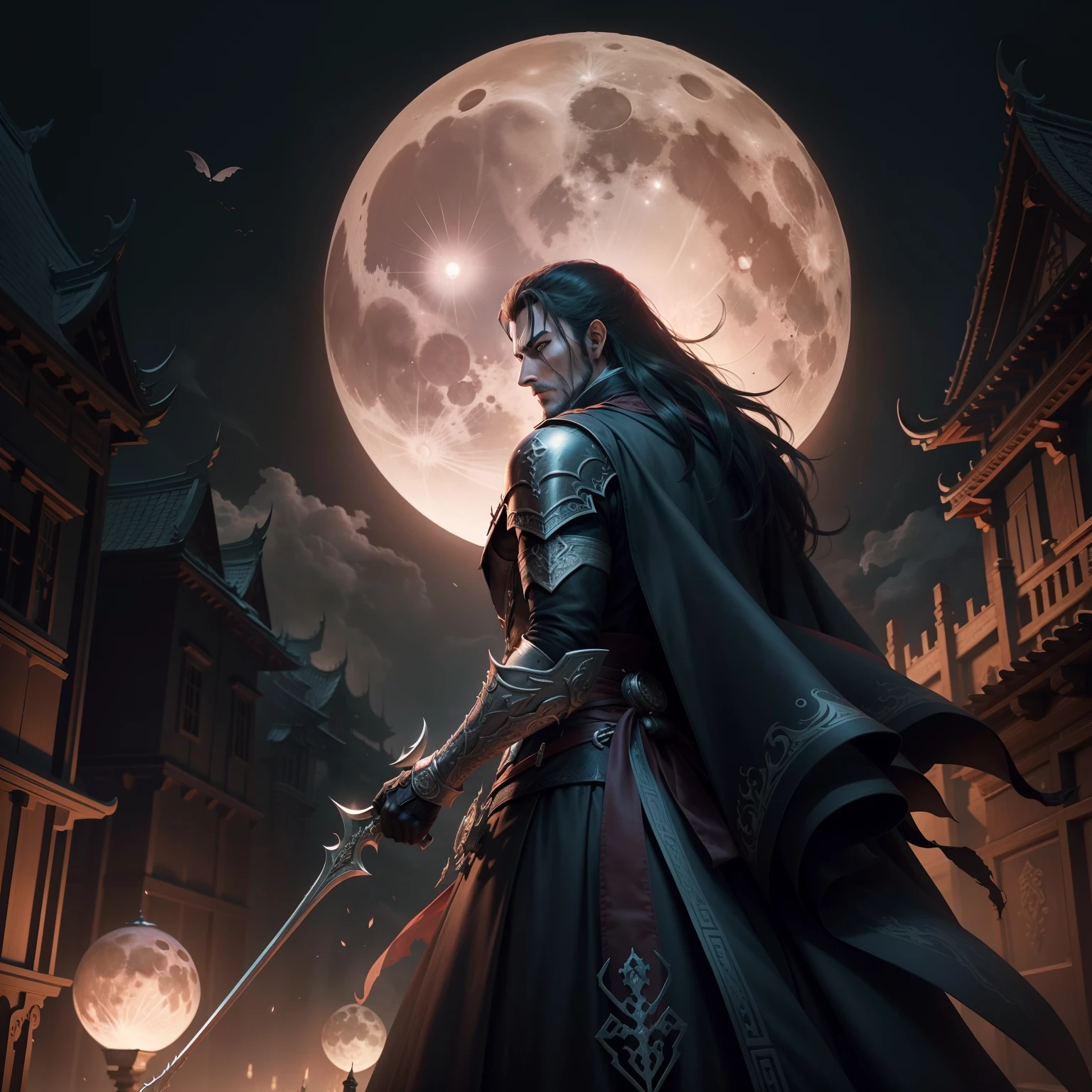 Castlevania Lord of the shadows chinese version hyper realistic super detailed Moon behind