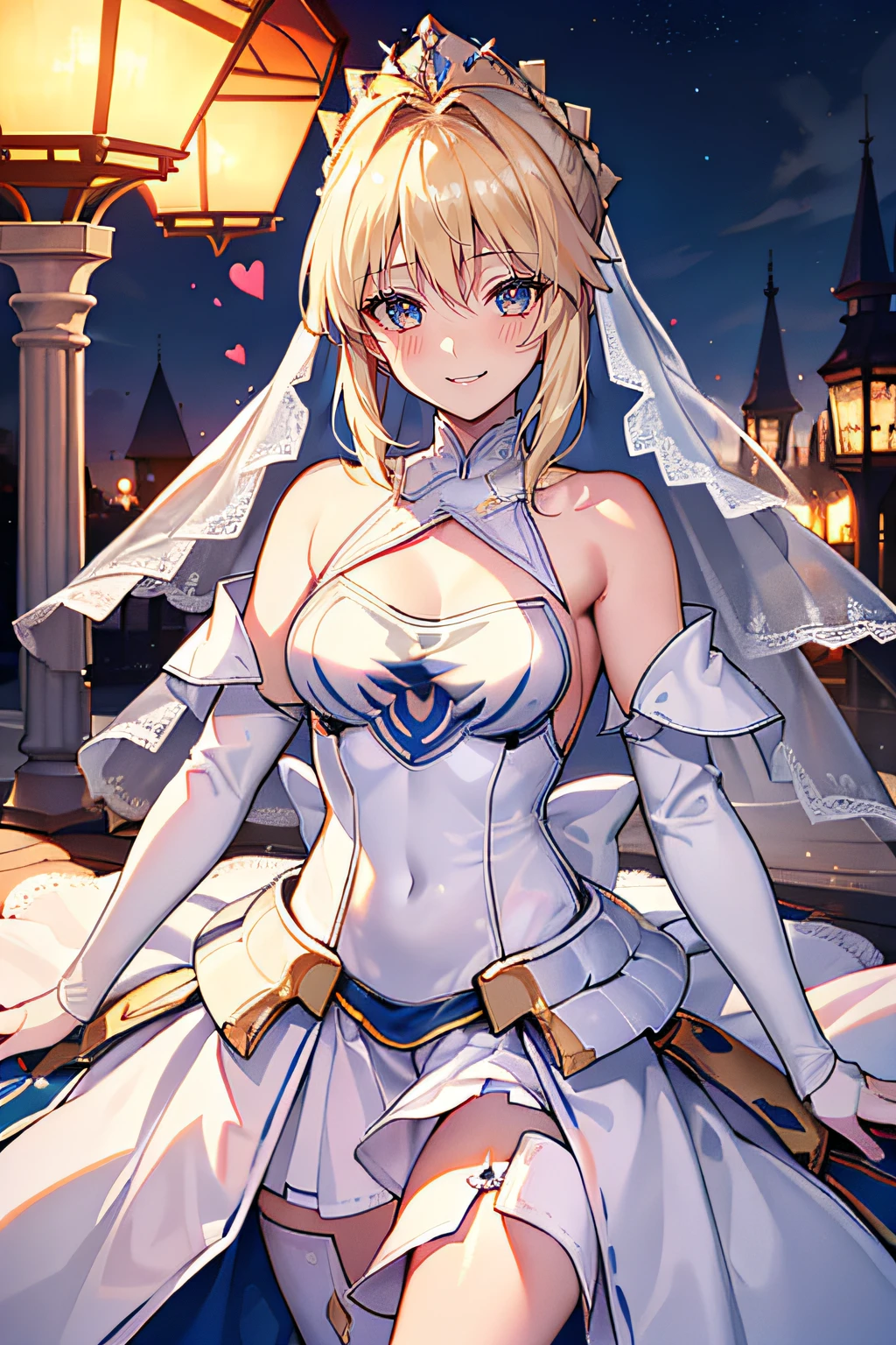 ((top quality, 8K, masterpiece: 1.3)), ((Saber)), (((Artoria Pendragon))), (cowboy shot), sharp: 1.2, perfect body beauty: 1.4, small breasts, (in wedding dress: 1.1), very detailed face and skin texture, (Ai-chan, Mirai Ozaki), detailed eyes, double eyelids, ((smiling, inviting the beloved to have sex with her)), ((face like a rutting heat)), ((heart-shaped pupil: 1.1))