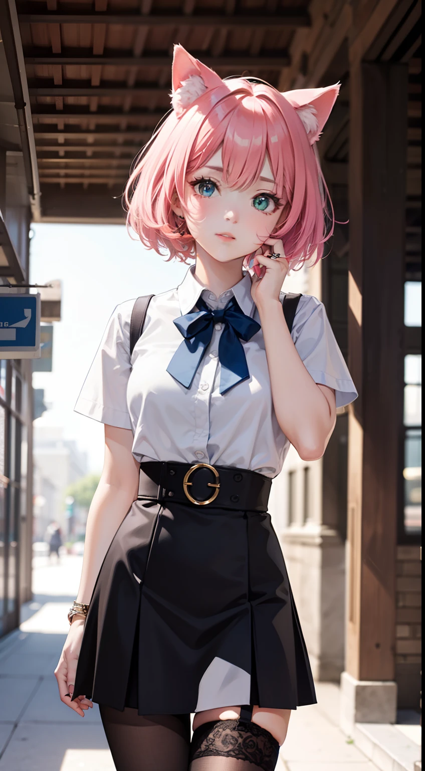 (((Detailed face))),(Highest image quality), (The work of the master), (Detailed eye description), (8k wallpaper), (Summer plant room), Cat girl,Cat ears,(Pink hair:1.25), short detailed hair,(Green eyes:1.23),(Ring-shaped Eyes:1.1),((tareme)),medium_eyes,(Light blue bow tie around the neck), (1980s), (Detailed facial description),(is shy)),(Detailed face),half-close eyes,low head, (((White color blouse))),(a black skirt),(black fishnet pantyhose:1.1), Black garter belt,(Black bow),thigh band,
standing on your feet,overall skirt,
Have on the street,
((((Detailed facet)))),