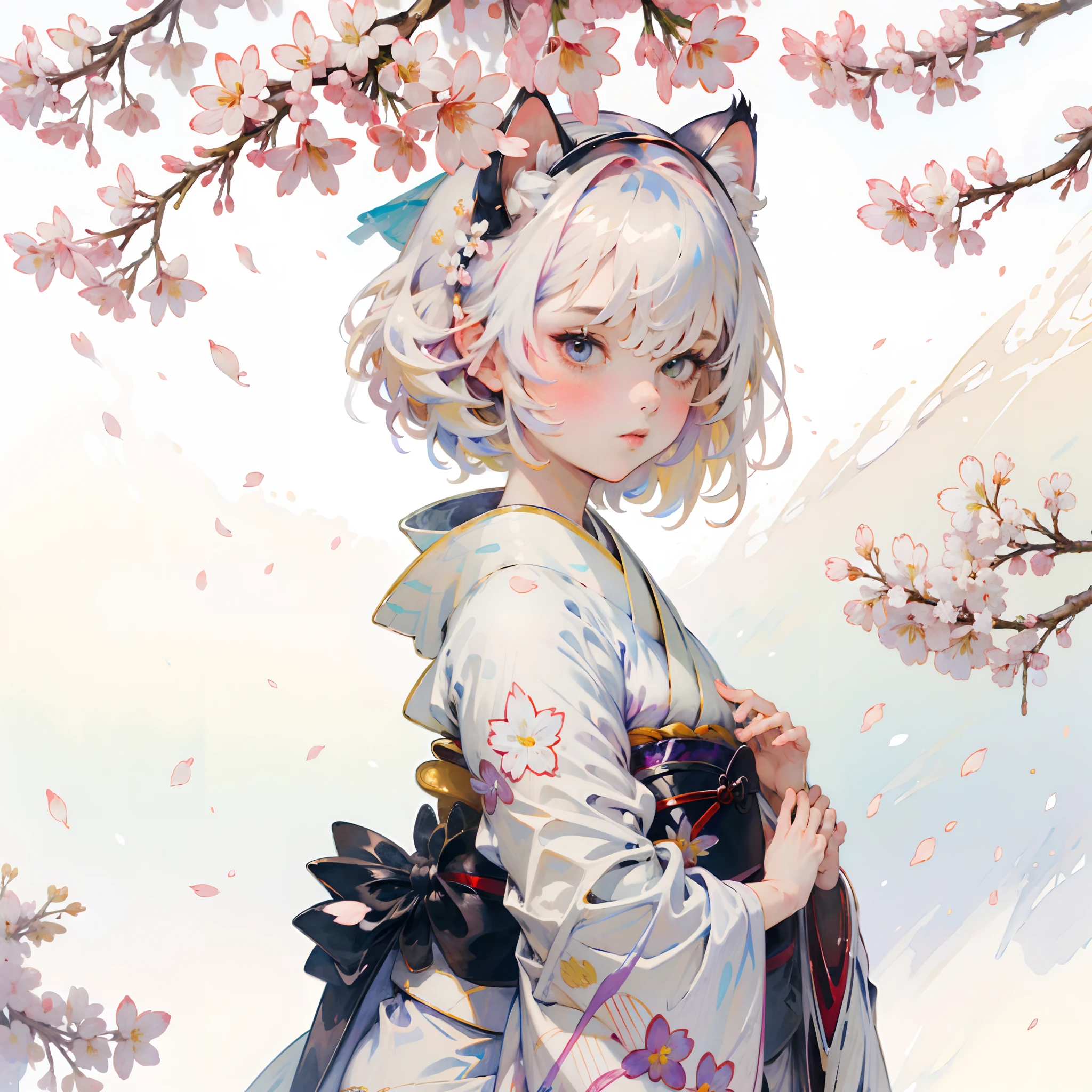 (8k wallpaper:1.2),(Ultra-high resolution:1.2),(masterpiece:1.1),wallpaper,High quality,masterpiece,(High detail),1girl, wearing a white kimono with Sakura petals , surrounded by petals, White hair,cat ears, beautiful,